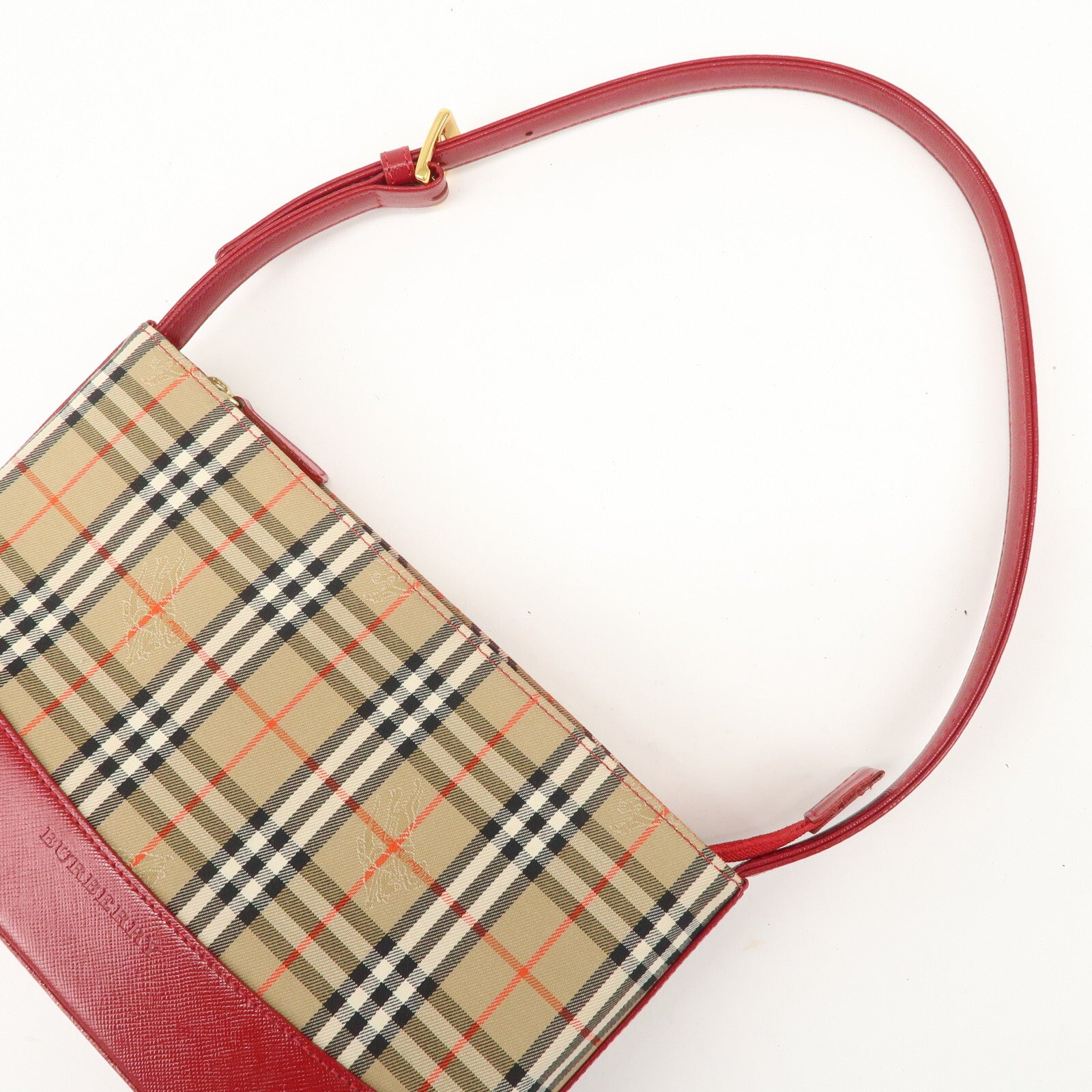 Burberry Nova Plaid Canvas Leather Shoulder Hand Bag - Red, Canvas
