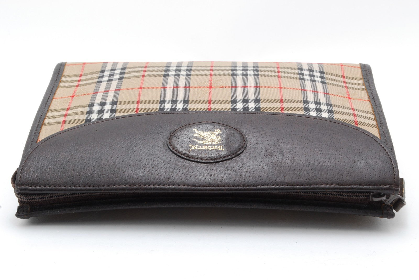 Burberry Nova Check Clutch Pouch Bag - Brown, Leather Fabric