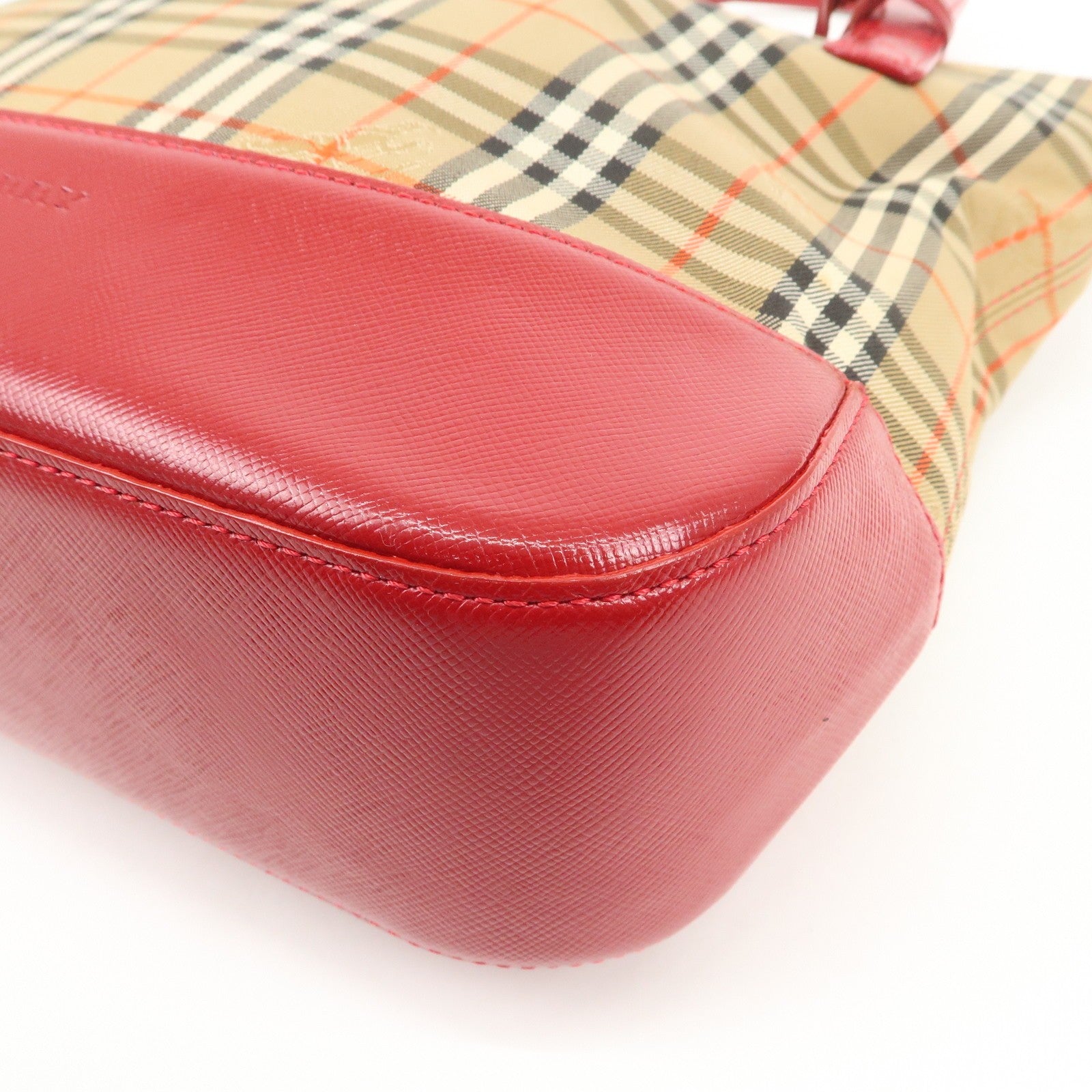 Burberry Nova Plaid Tote Bag - Red Beige, Leather Canvas