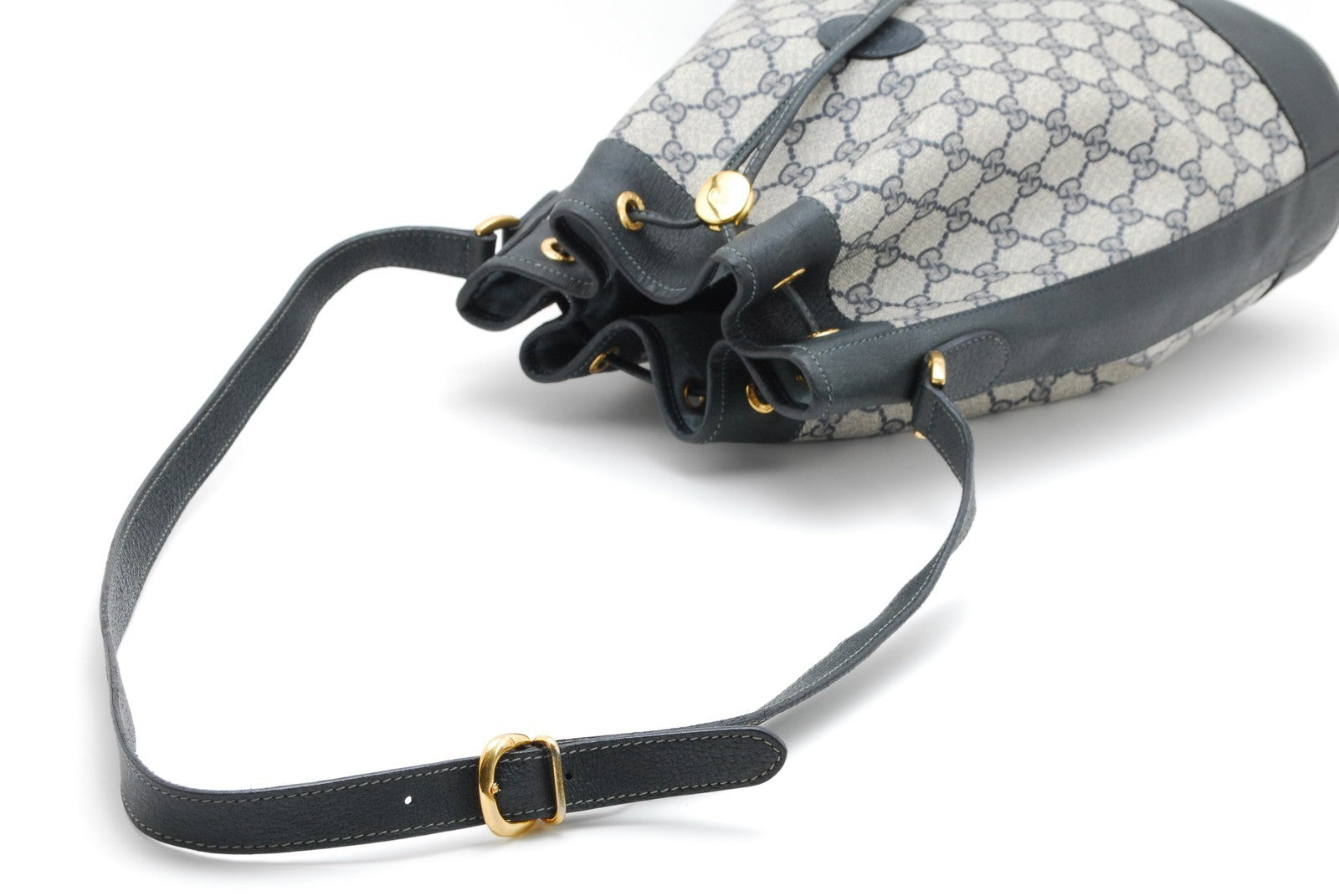 Gucci GG Supreme Drawstring Bucket Shoulder Bag - Navy Blue, Canvas and Leather