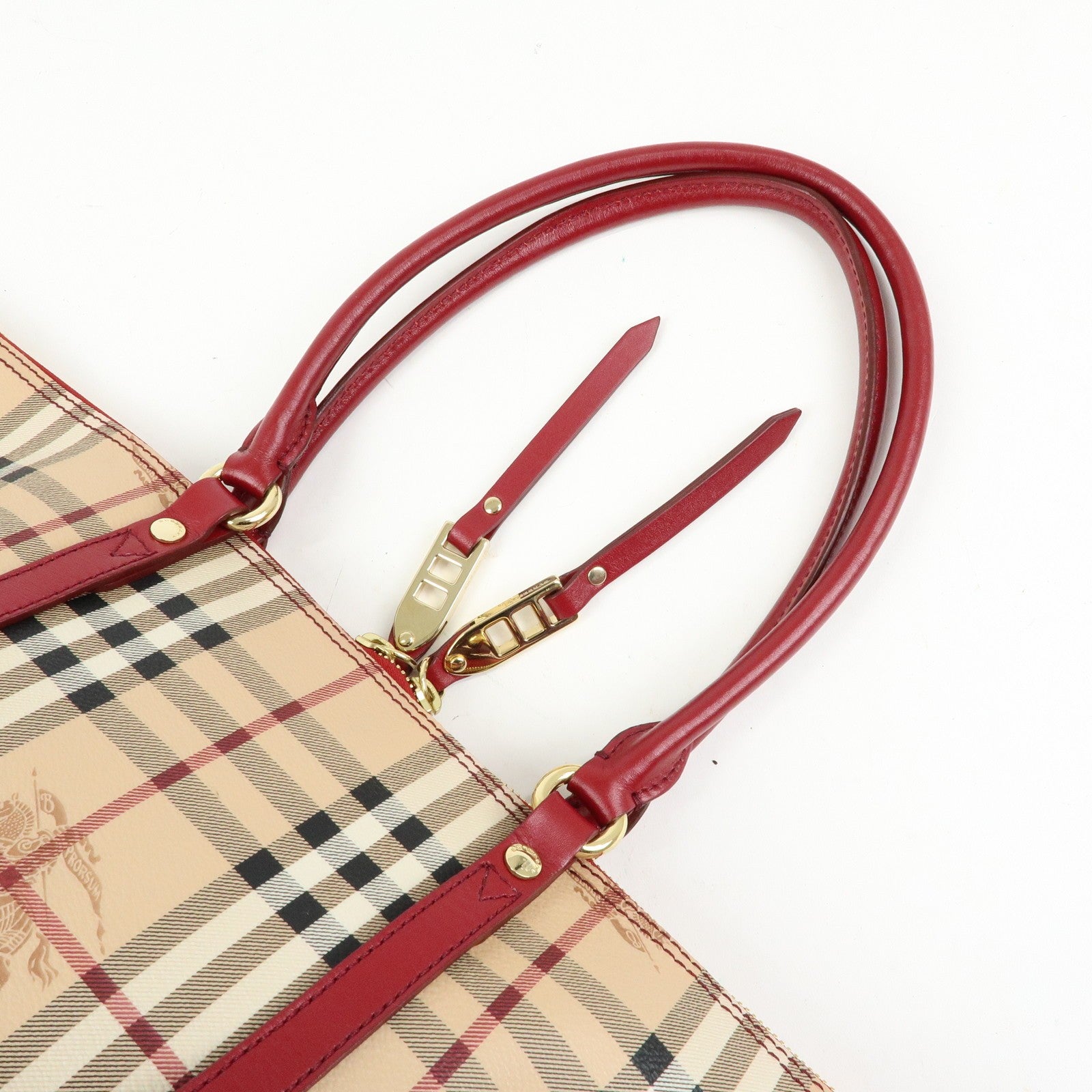 Burberry Nova Plaid Tote Bag - Beige, Red, PVC Leather