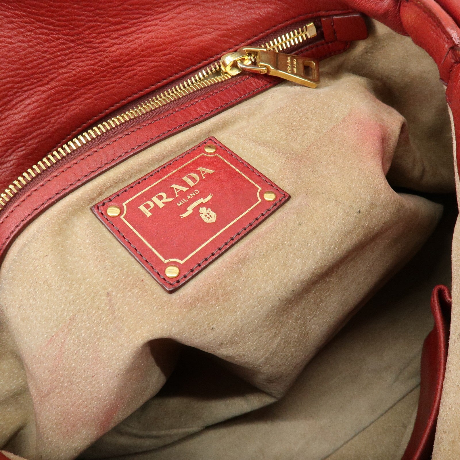 Prada Cervo Shine Leather Bowler Bag 2Way Tote Bag - Red, Leather