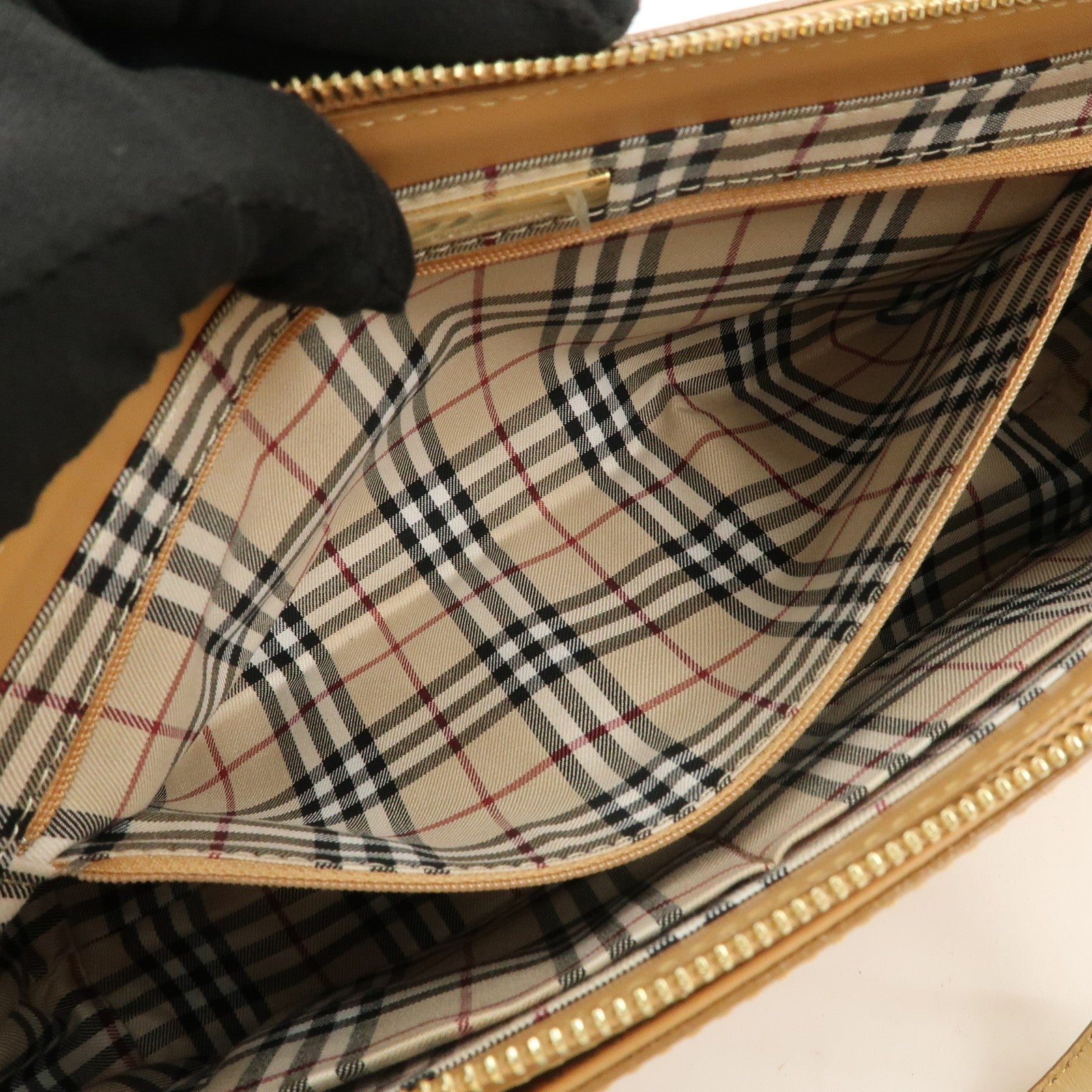 Burberry Nova Plaid Logo Hand Bag - Light Brown, Leather