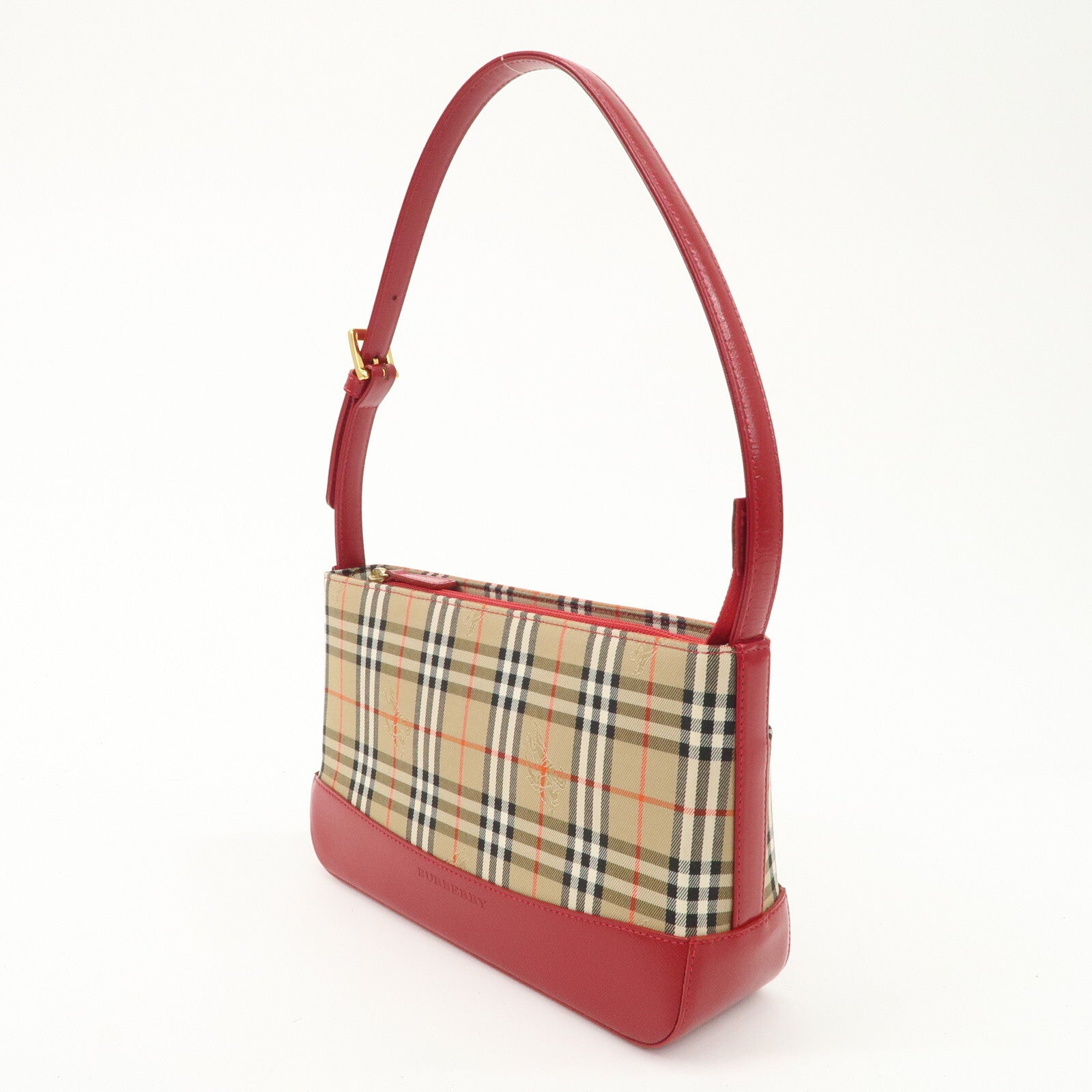 Burberry Nova Plaid Canvas Leather Shoulder Hand Bag - Red, Canvas