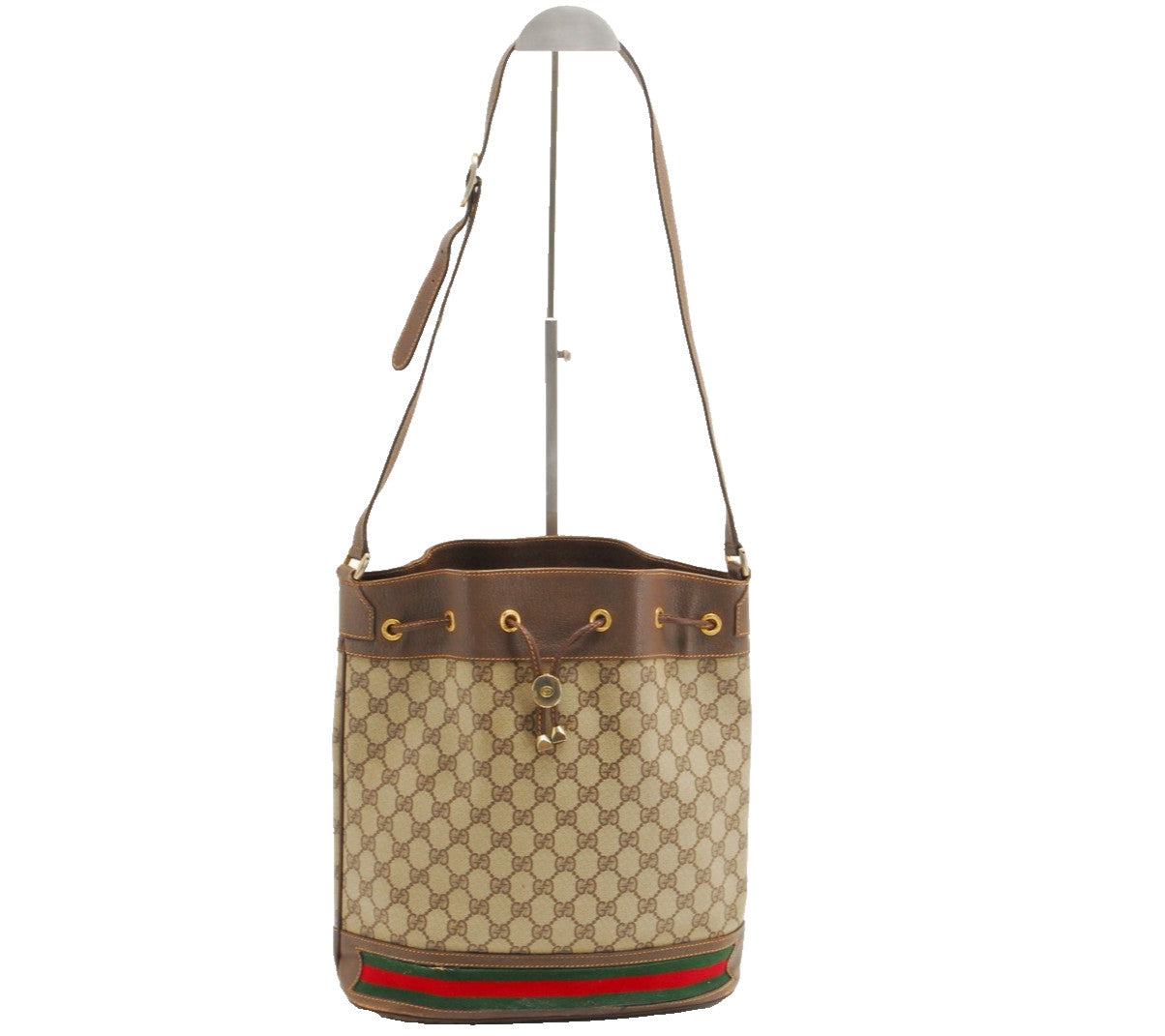 Gucci GG Supreme Web Drawstring Bucket Shoulder Bag - Brown, PVC Leather