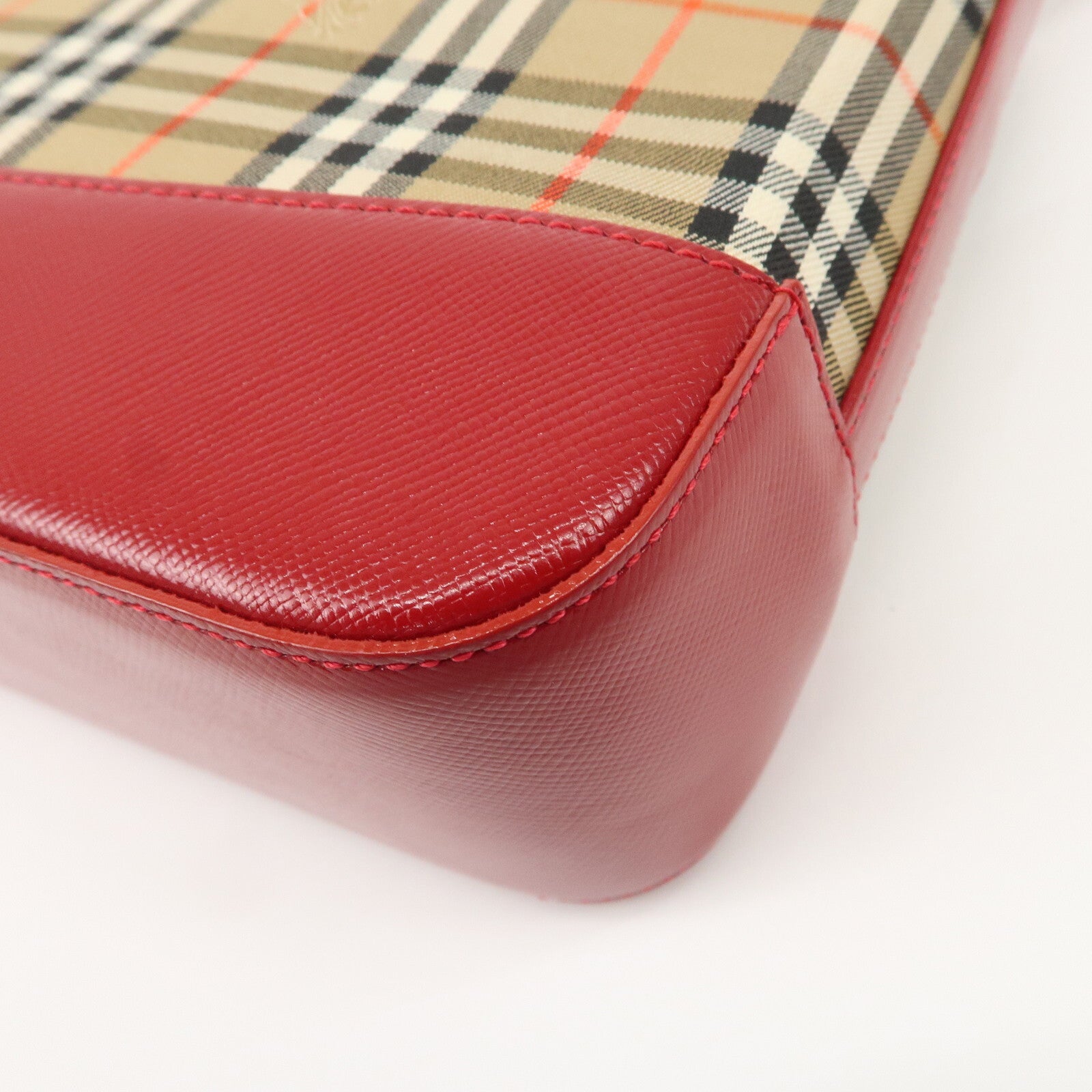 Burberry Nova Plaid Canvas Leather Shoulder Hand Bag - Red, Canvas