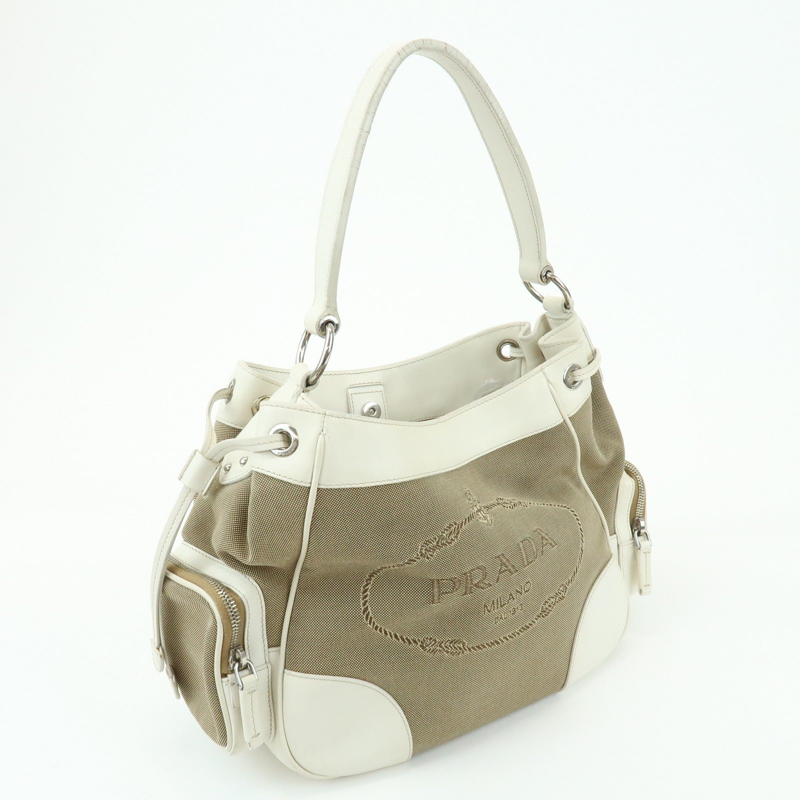 Prada Triangle Logo Shoulder Bag - Beige Ivory, Nylon Jacquard Leather