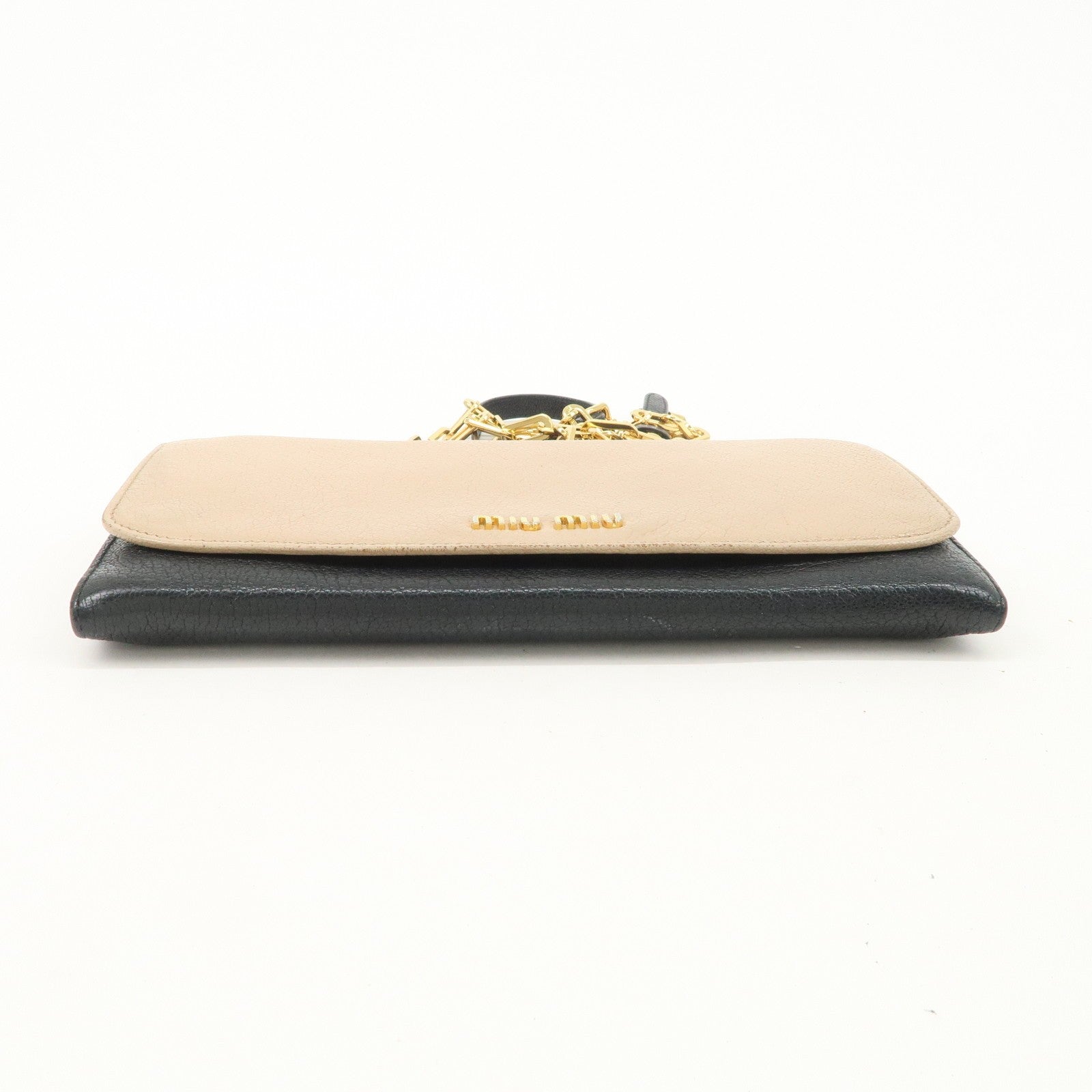 Miu Miu Madras Leather Chain Shoulder Wallet - Beige Black, Leather