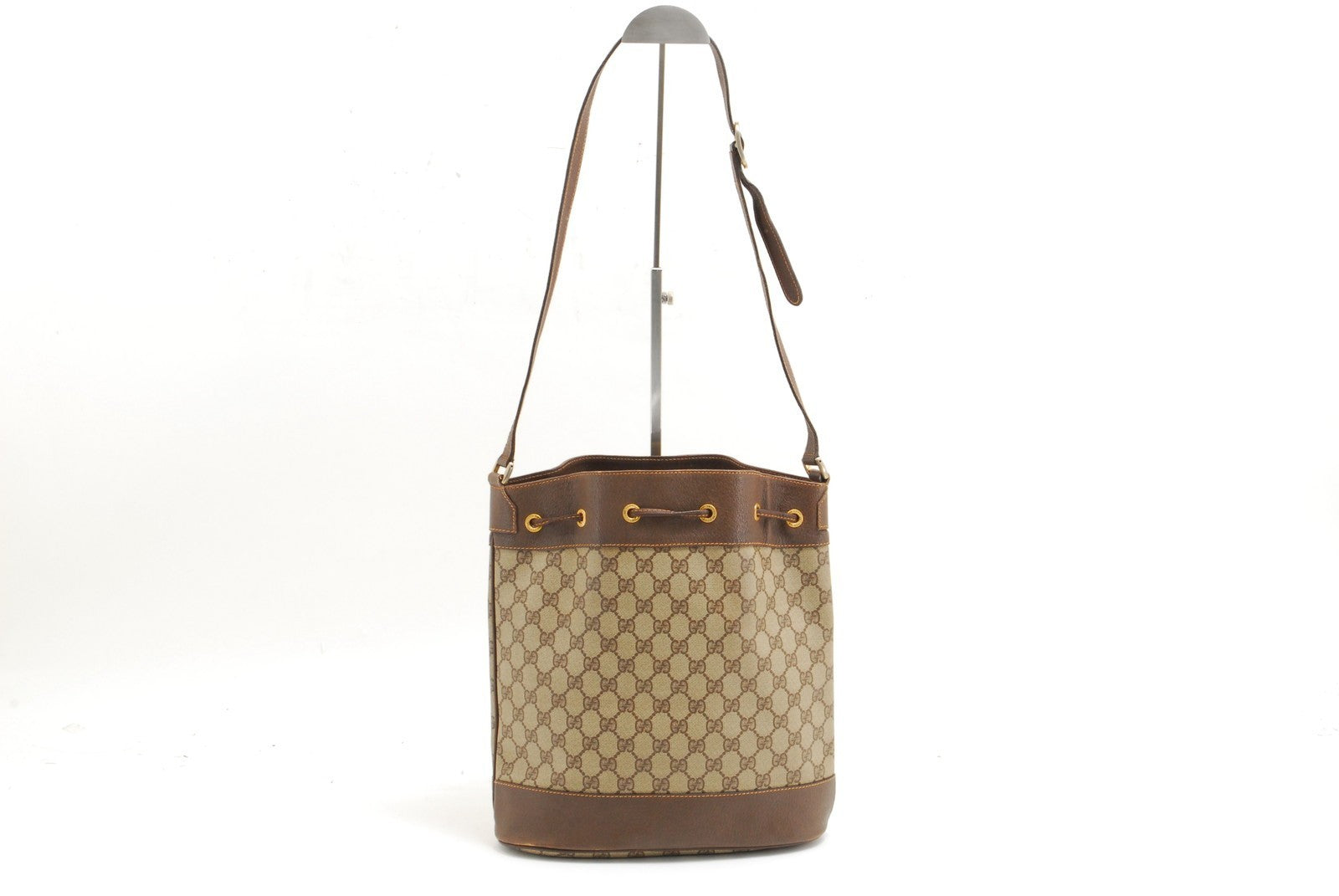 Gucci GG Supreme Web Drawstring Bucket Shoulder Bag - Brown, PVC Leather