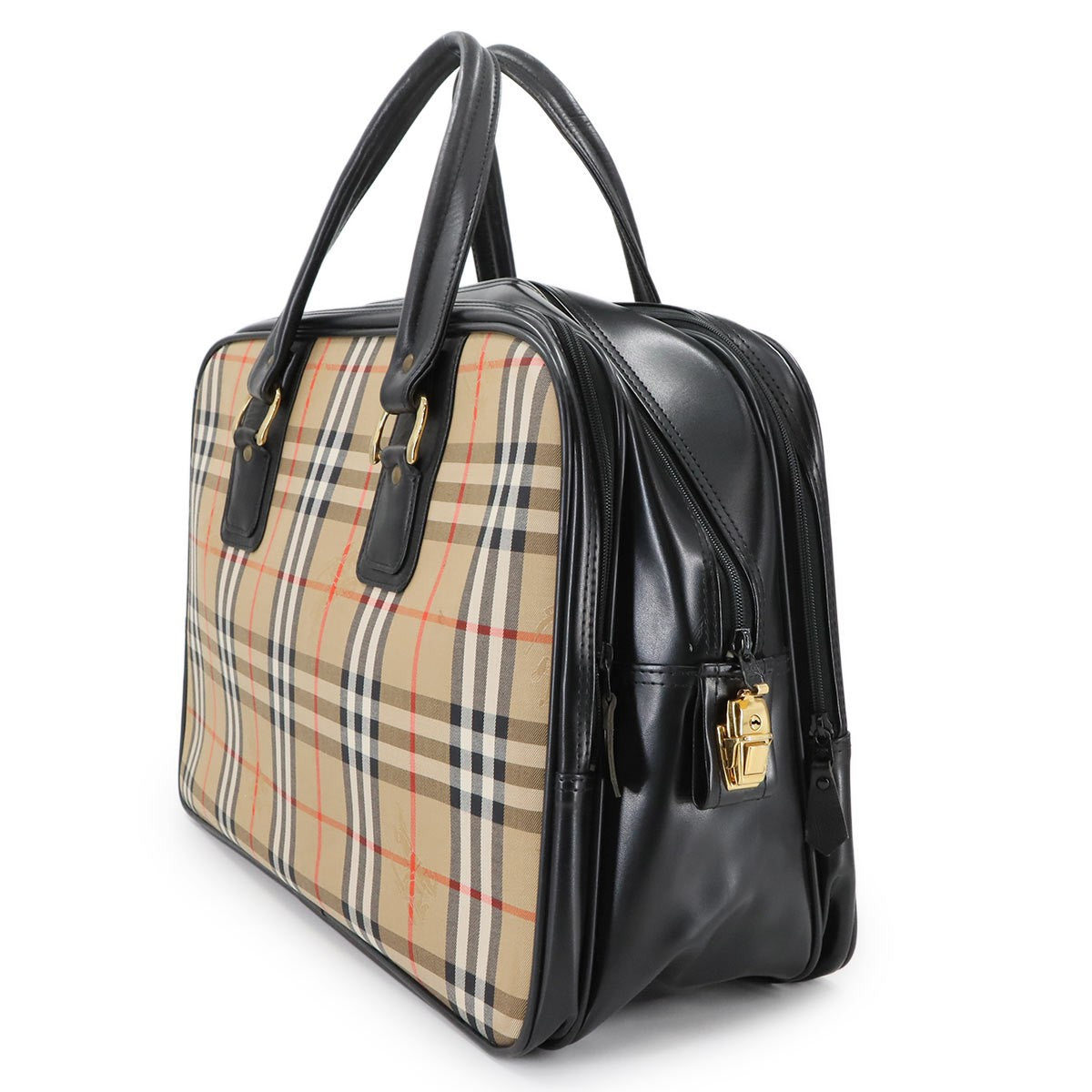 Burberry Plaid Boston Handbag - Beige Black, Canvas Leather