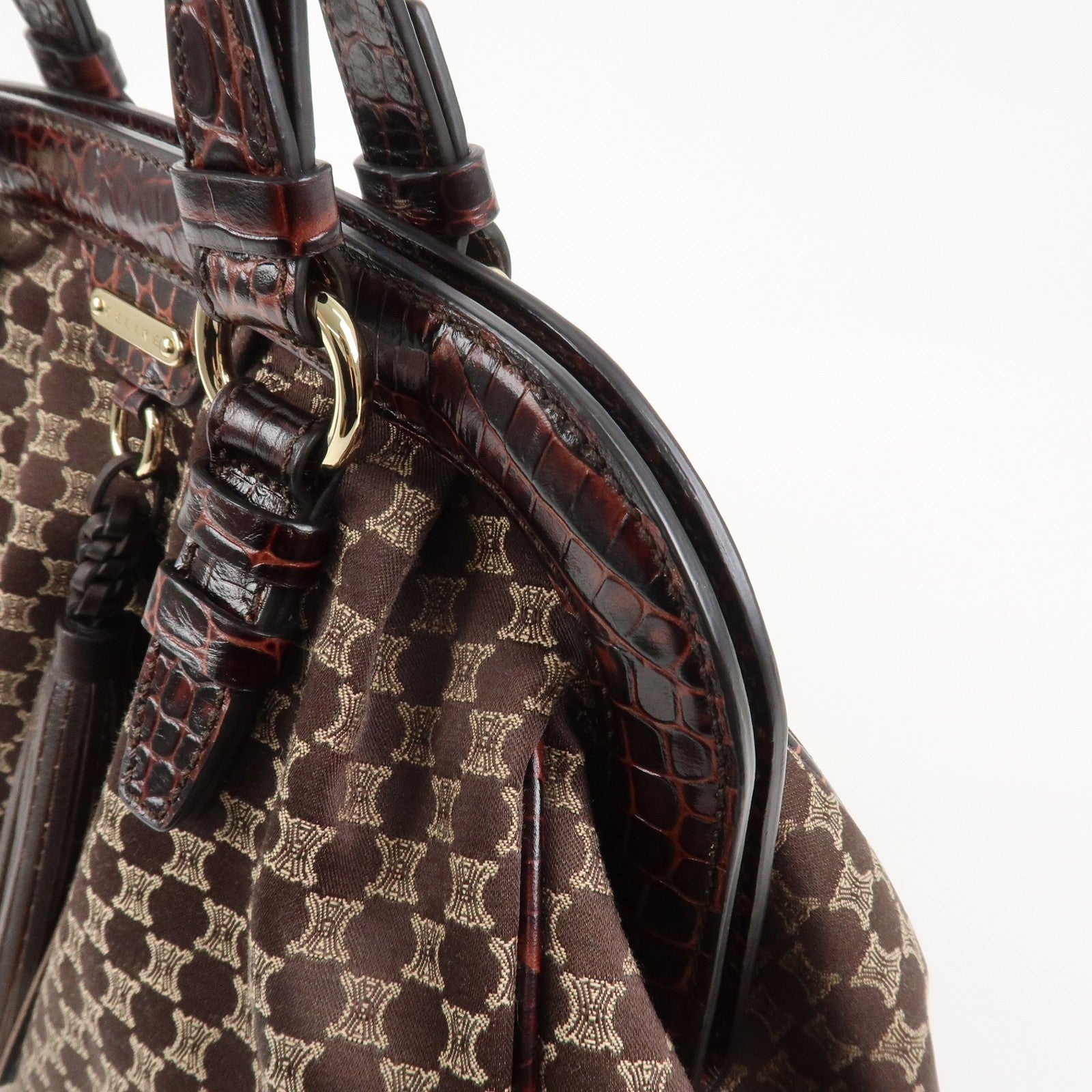 Celine Macadam Canvas Emboss Leather Shoulder Bag - Dark Brown, Canvas Leather