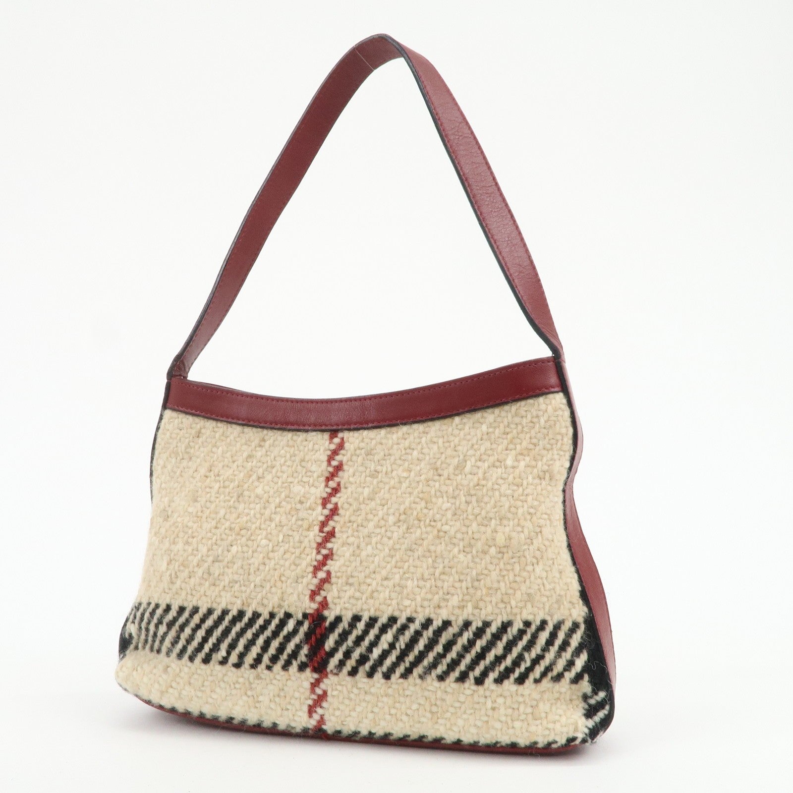 Burberry Hand Bag - Wine Red, Beige, Wool, Leather