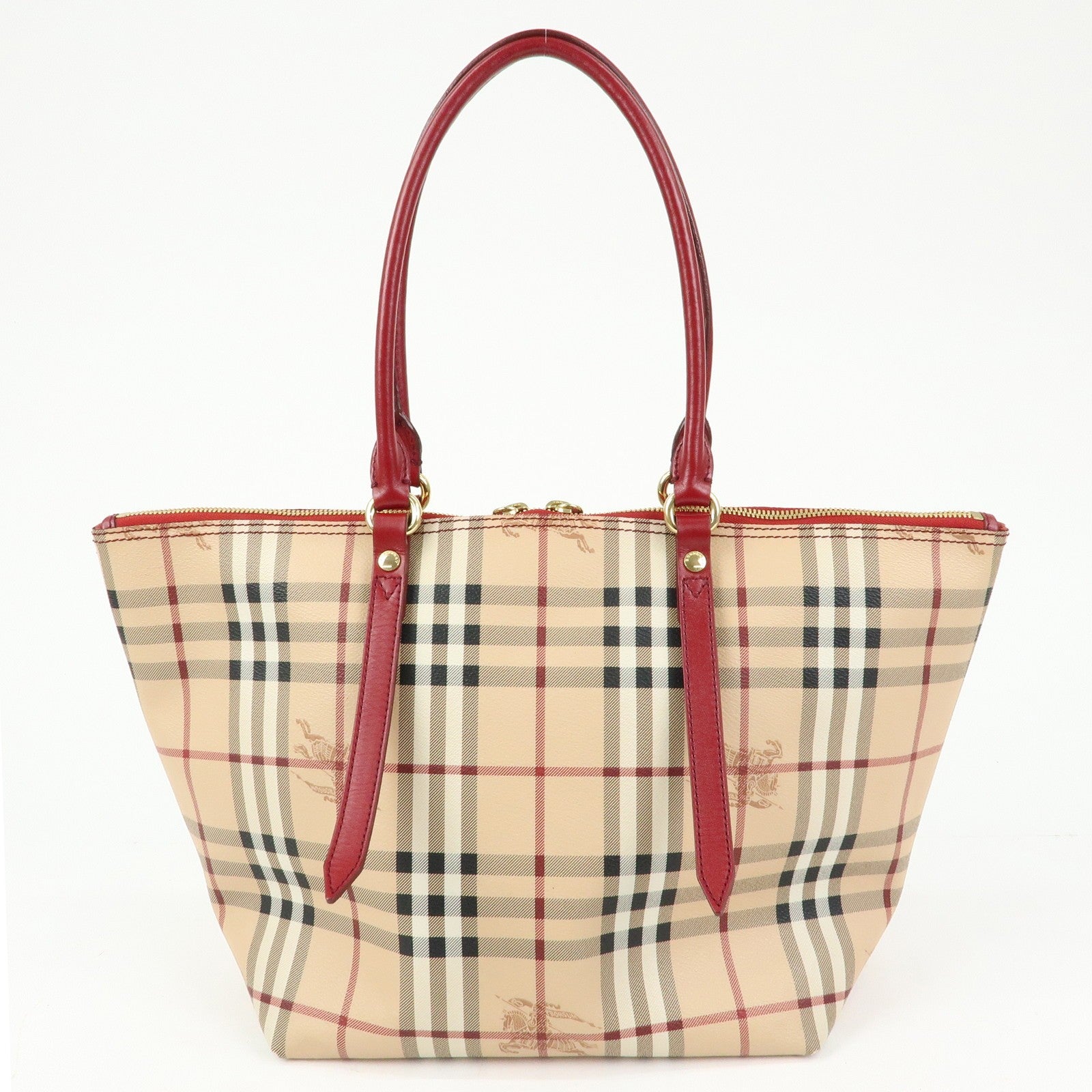 Burberry Nova Plaid Tote Bag - Beige, Red, PVC Leather