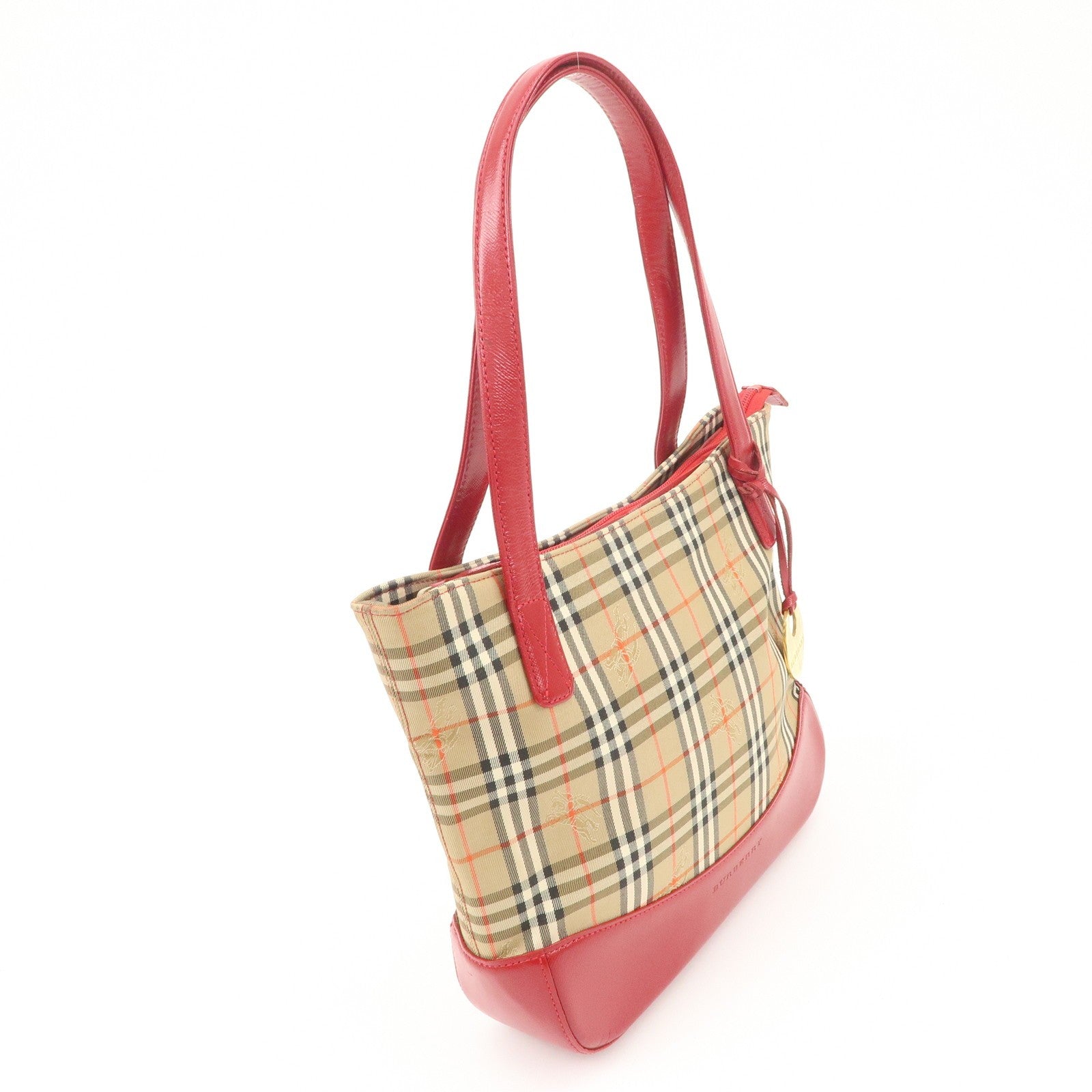 Burberry Nova Plaid Tote Bag - Red Beige, Leather Canvas