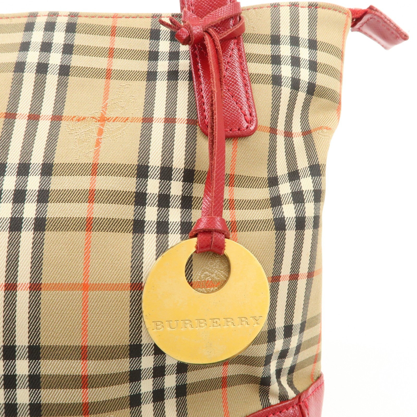Burberry Nova Plaid Tote Bag - Red Beige, Leather Canvas