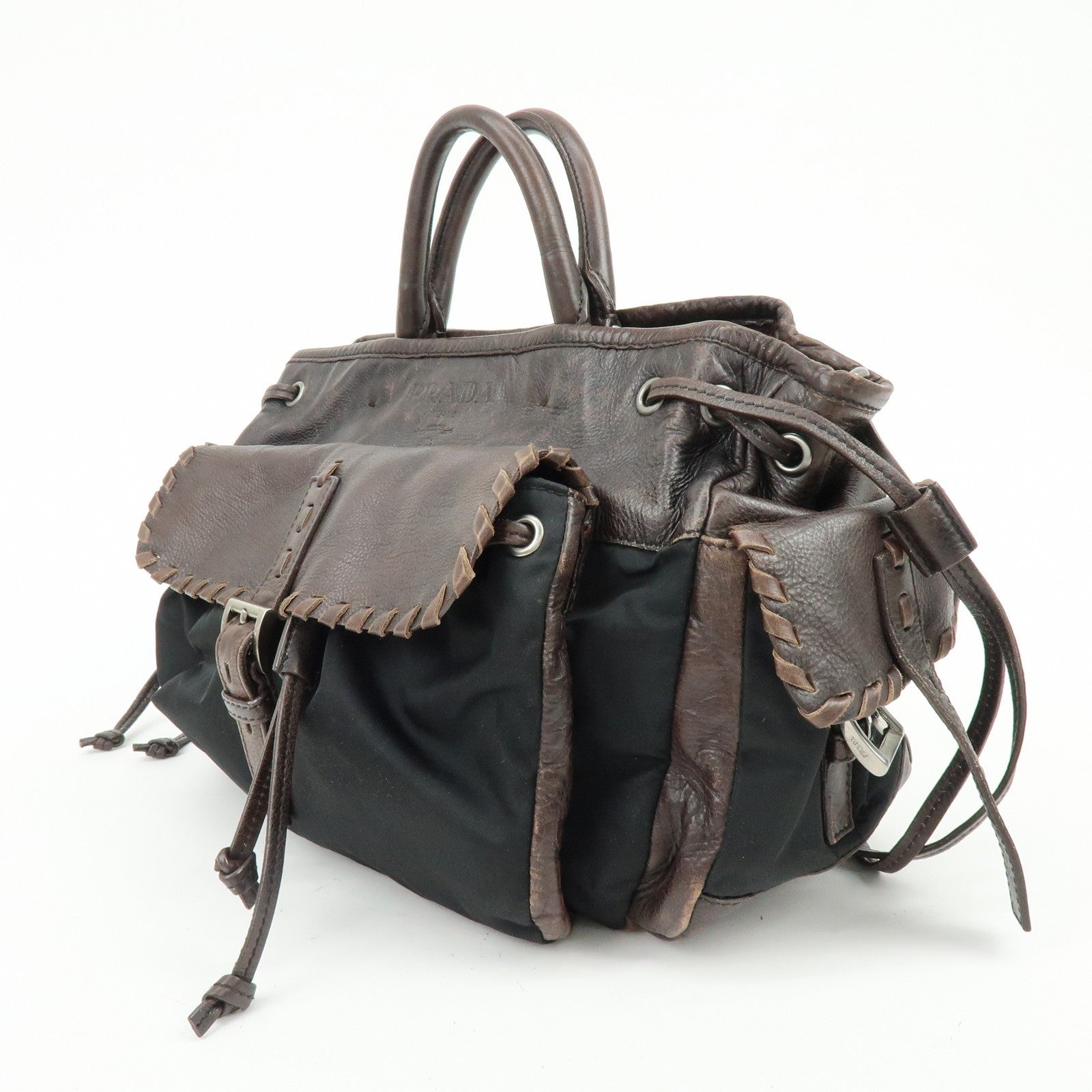 Prada Hand Bag Tote Bag - Brown, Black, Leather, Nylon