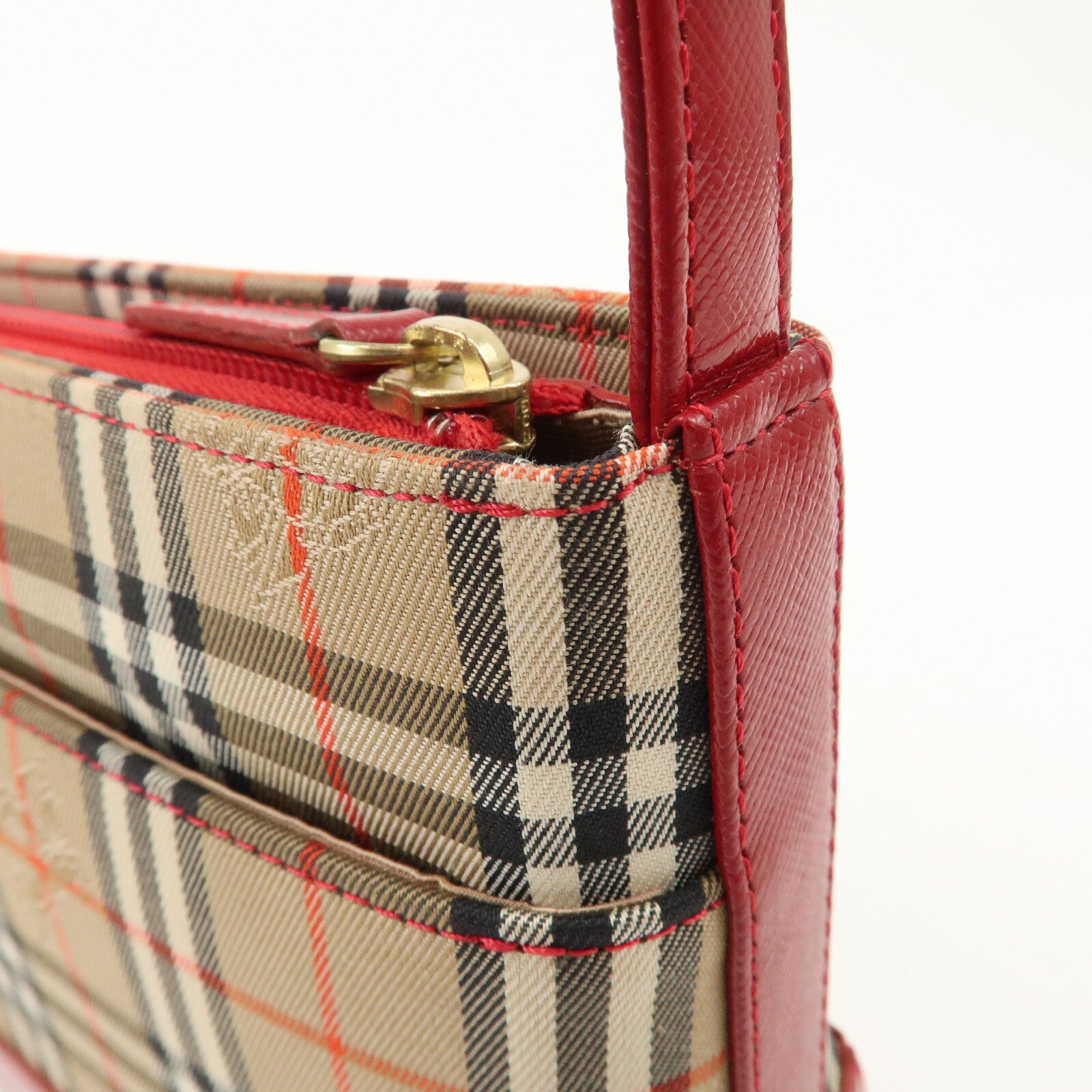 Burberry Nova Plaid Canvas Leather Shoulder Hand Bag - Red, Canvas