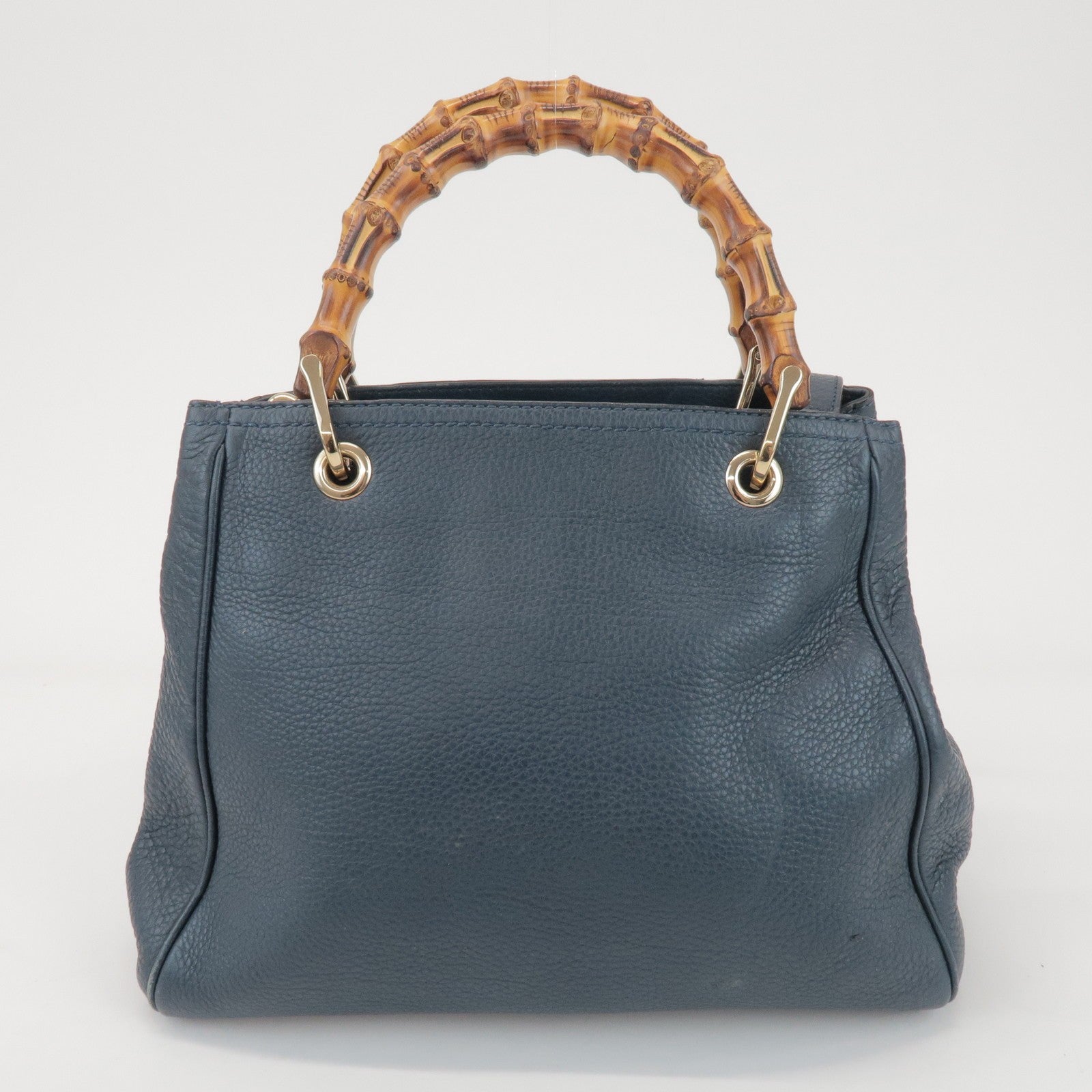 GUCCI Bamboo Calf Leather 2 Way Bag Tote Bag Navy