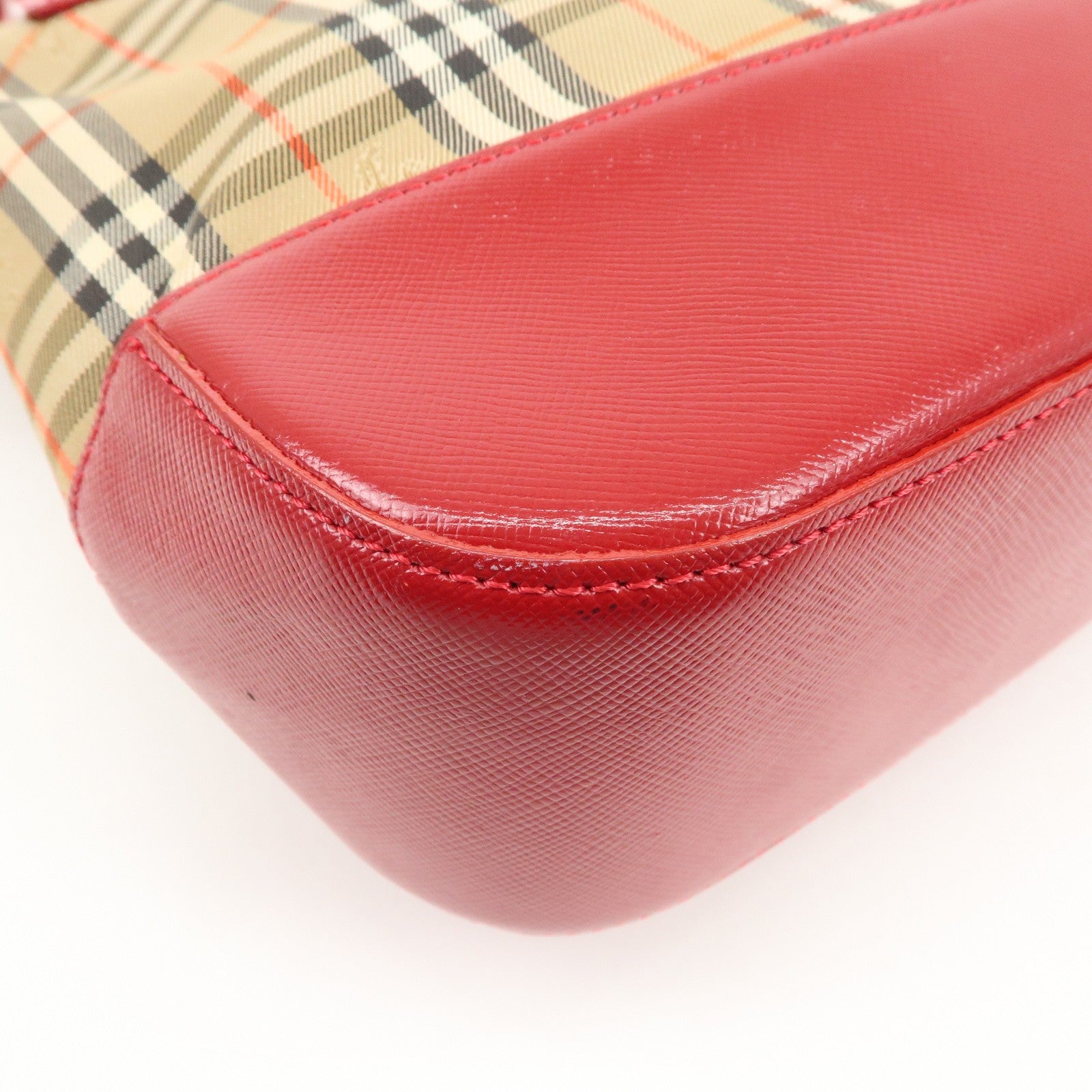 Burberry Nova Plaid Tote Bag - Red Beige, Leather Canvas