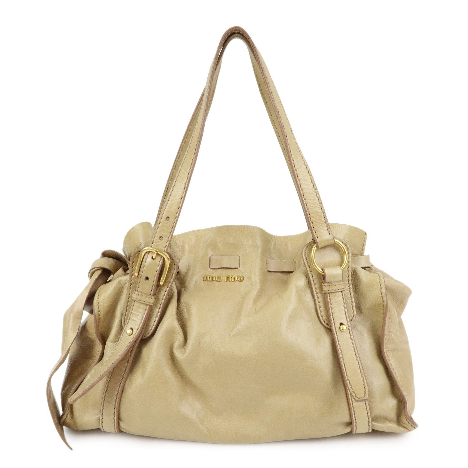 Miu Miu Logo Side Ribbon Shoulder Bag - Beige, Leather