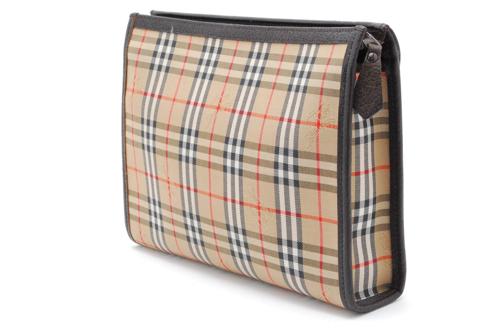 Burberry Nova Check Clutch Pouch Bag - Brown, Leather Fabric
