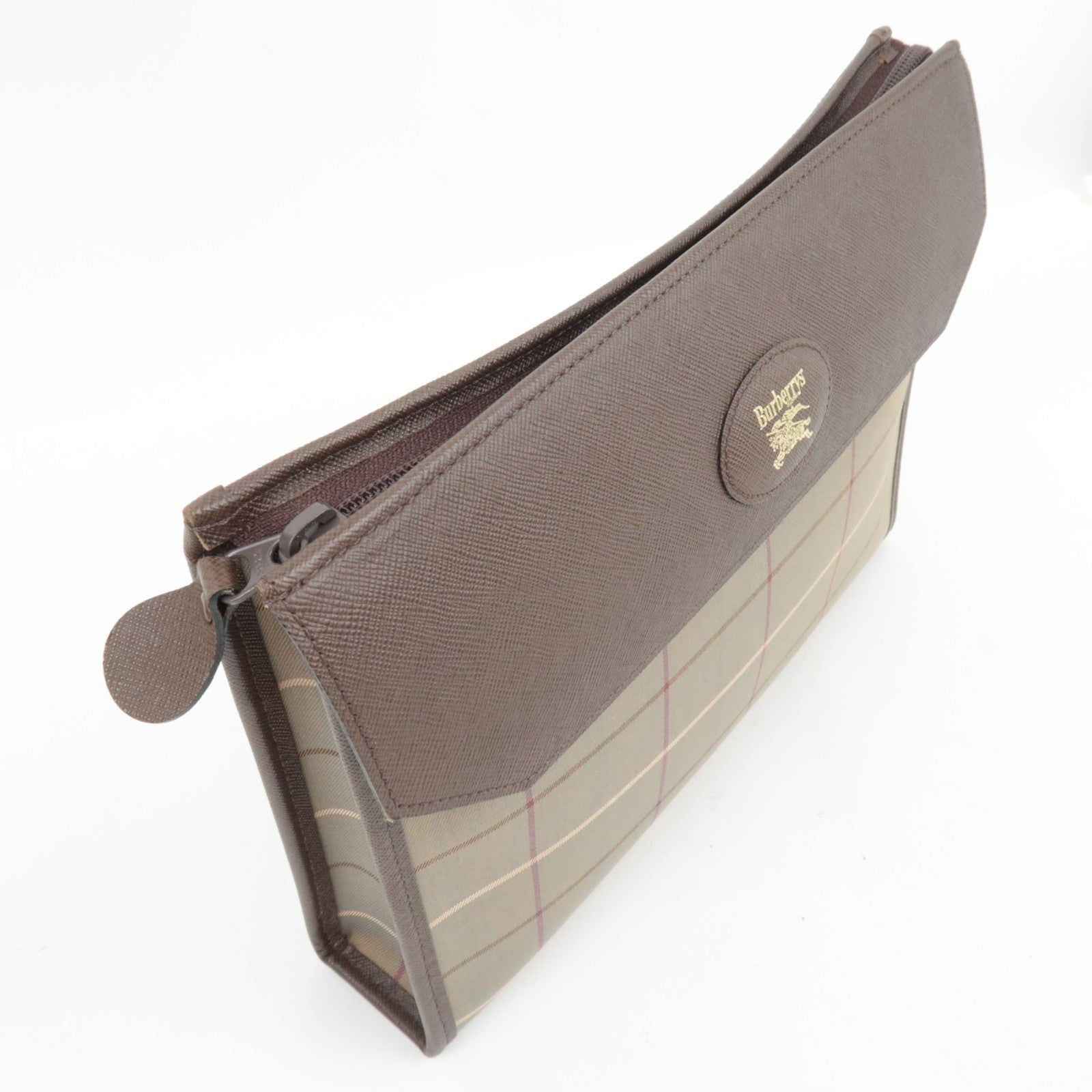 Burberry Plaid Clutch Bag - Khaki Brown, Canvas Leather