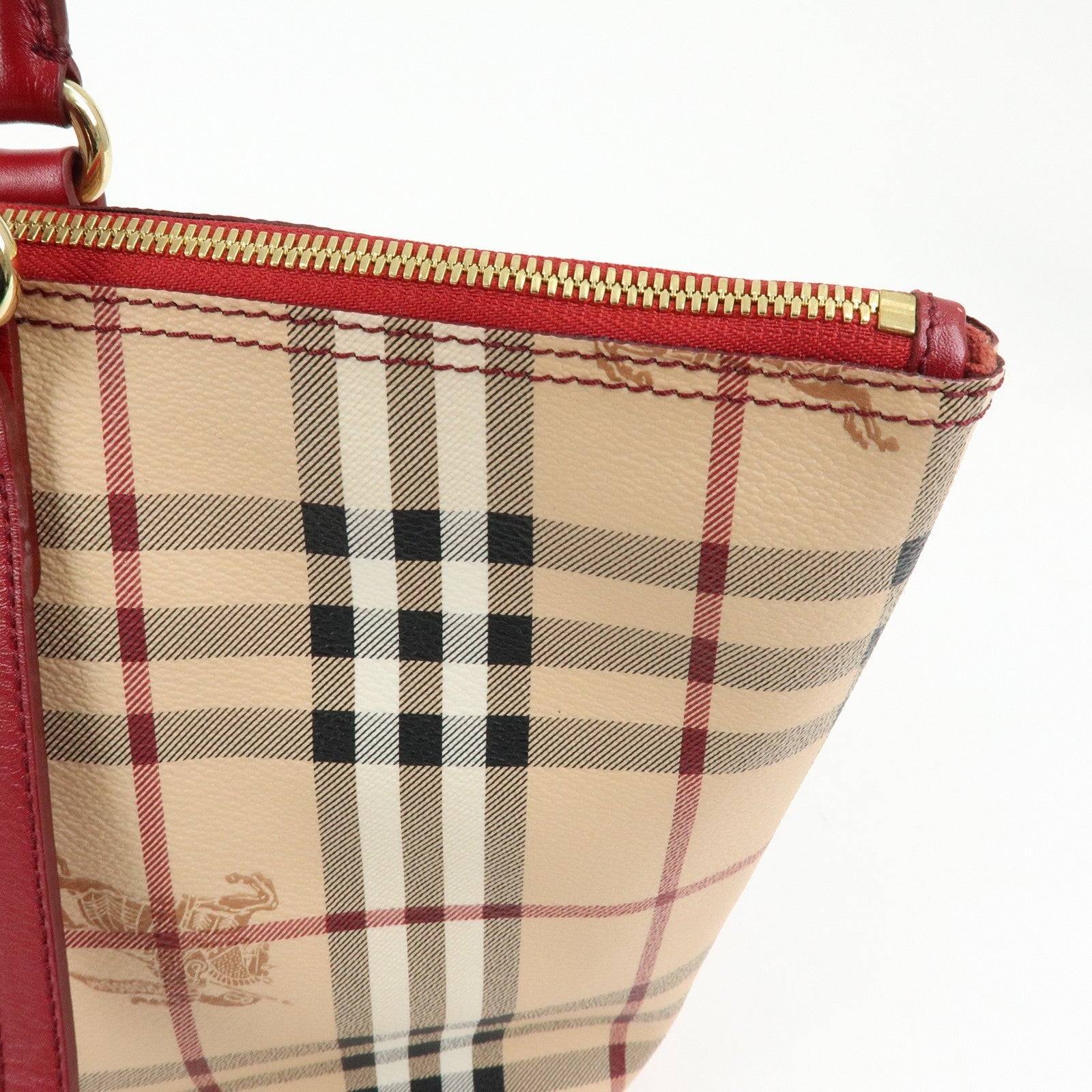 Burberry Nova Plaid Tote Bag - Beige, Red, PVC Leather