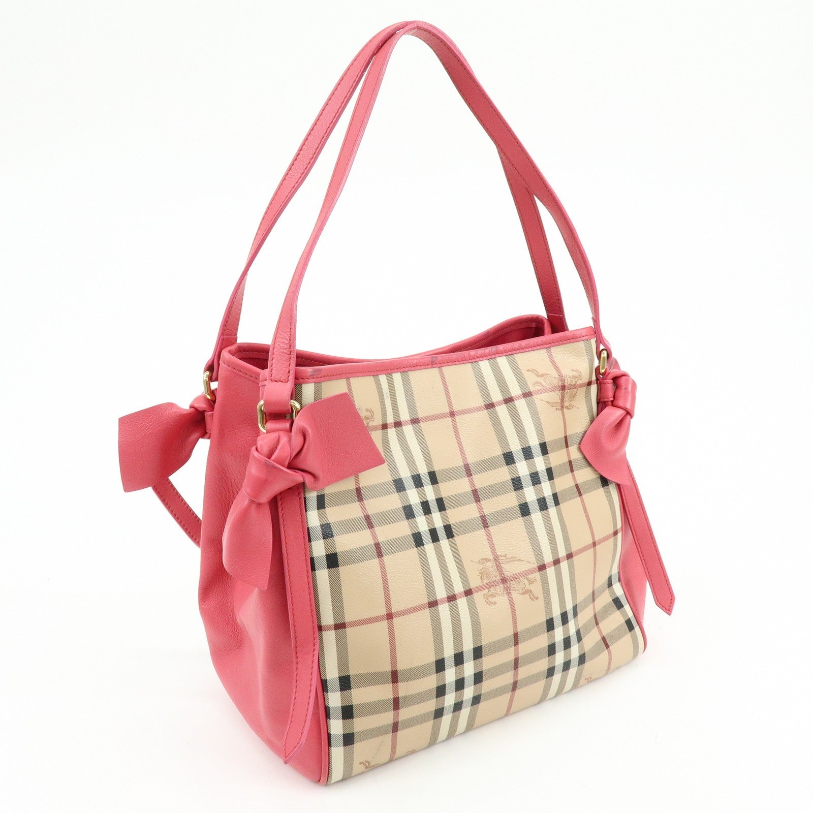 Burberry Side Ribbon Hand Bag - Nova Plaid Brown Pink, PVC Coating Canvas, Leather