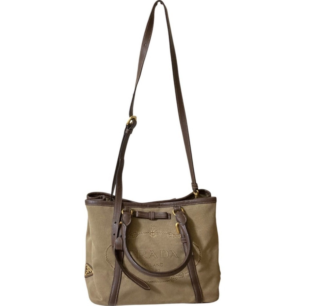 Prada Triangle Logo Tote Bag - Brown, Canvas