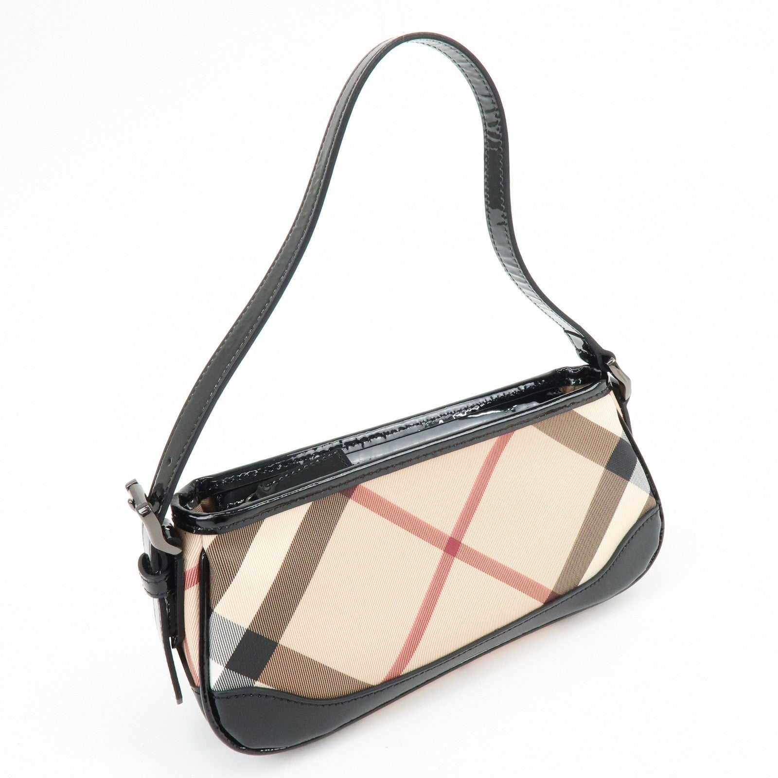 Burberry Nova Plaid Hand Bag - Beige, Black, PVC, Patent Leather