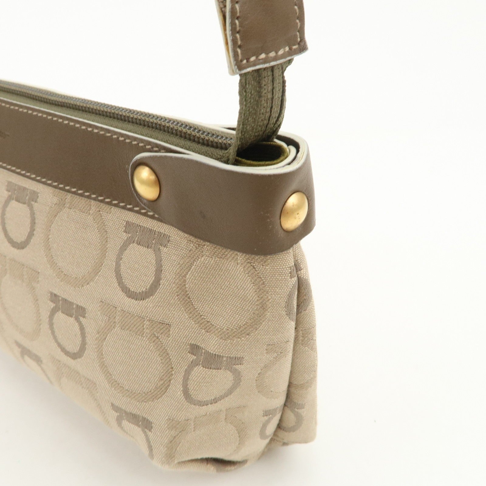 Ferragamo Gancini Shoulder Hand Bag - Beige Brown, Canvas Leather