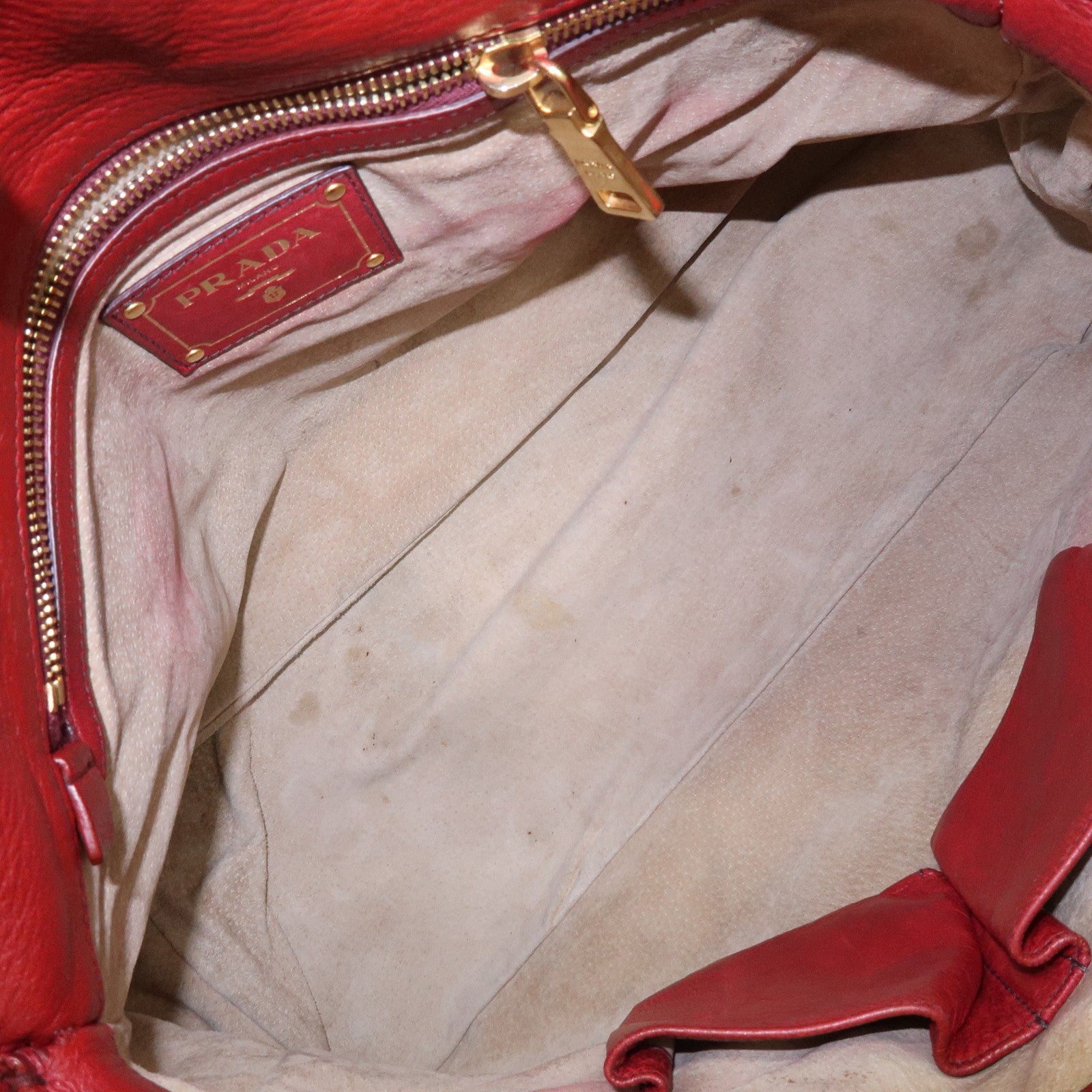 Prada Cervo Shine Leather Bowler Bag 2Way Tote Bag - Red, Leather
