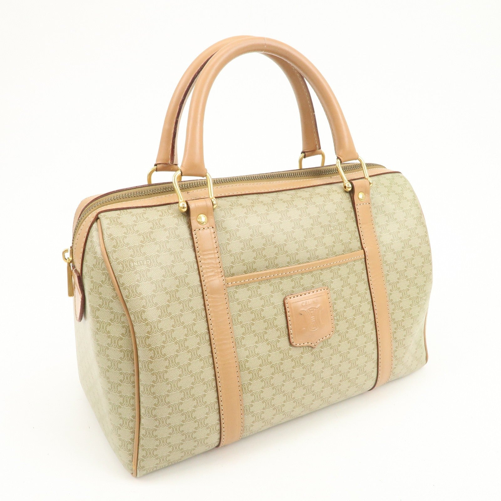 Celine Macadam Logo Boston Hand Bag - Beige, PVC