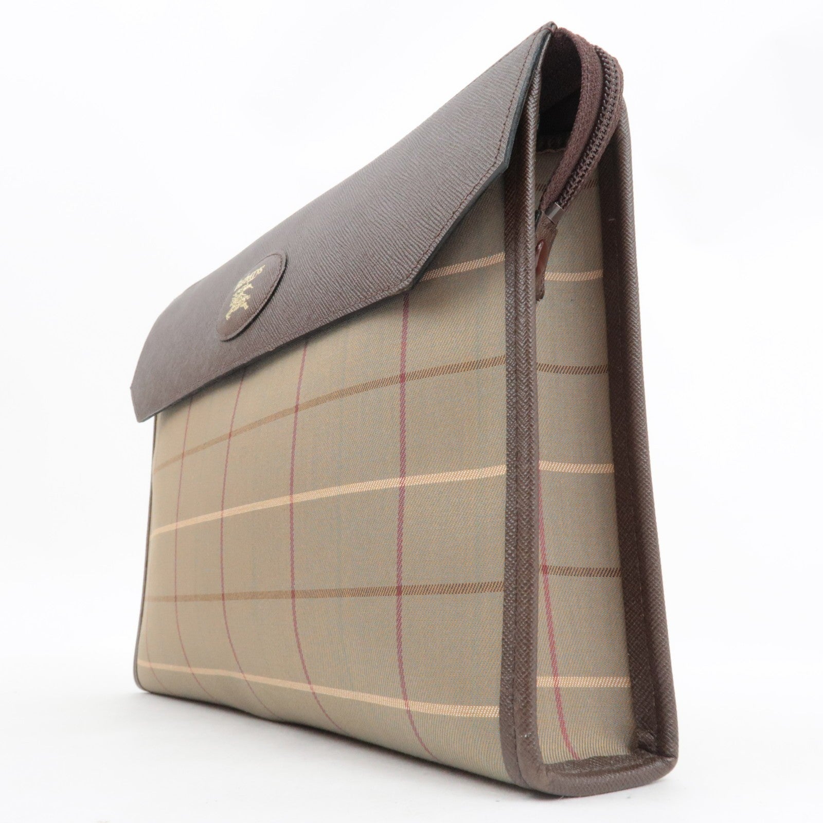 Burberry Plaid Clutch Bag - Khaki Brown, Canvas Leather