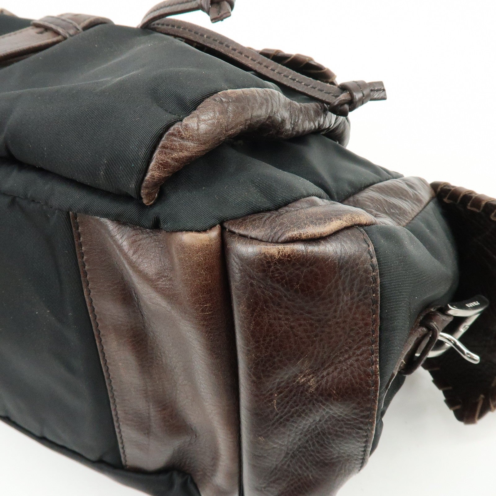 Prada Hand Bag Tote Bag - Brown, Black, Leather, Nylon