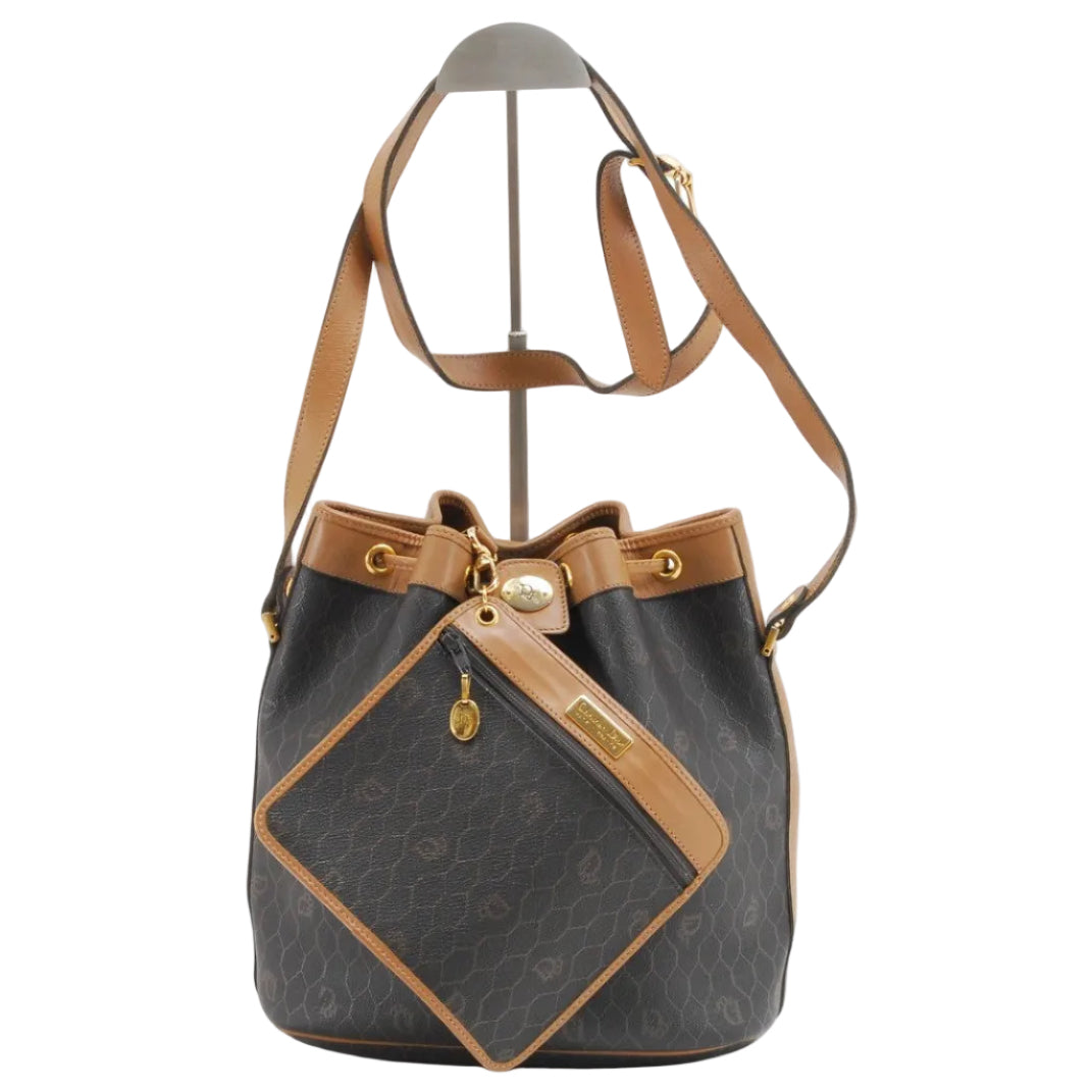 Dior Honeycomb Drawstring Shoulder Bag - Black Brown, Canvas Leather