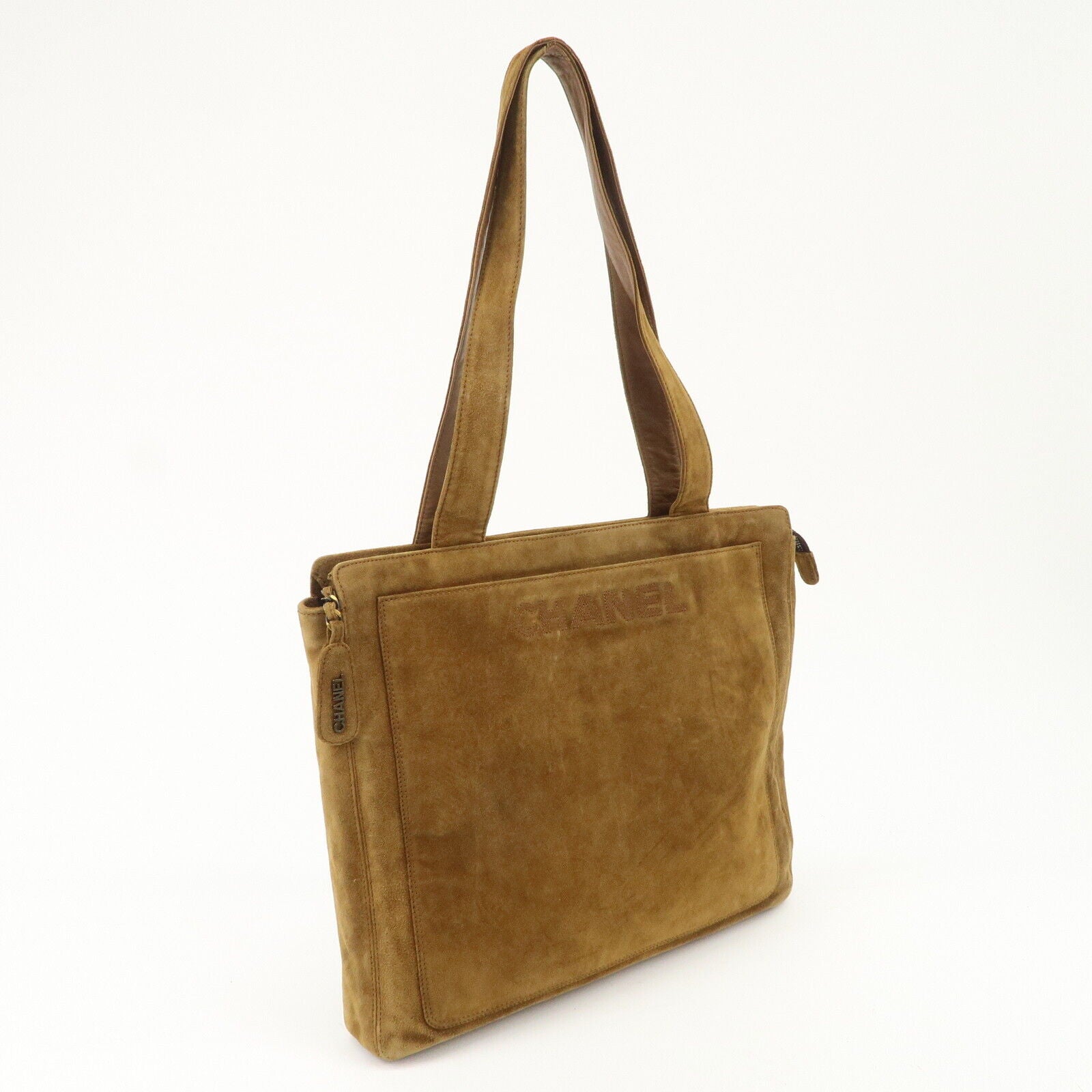 Chanel Logo Suede Tote Shoulder Bag - Brown