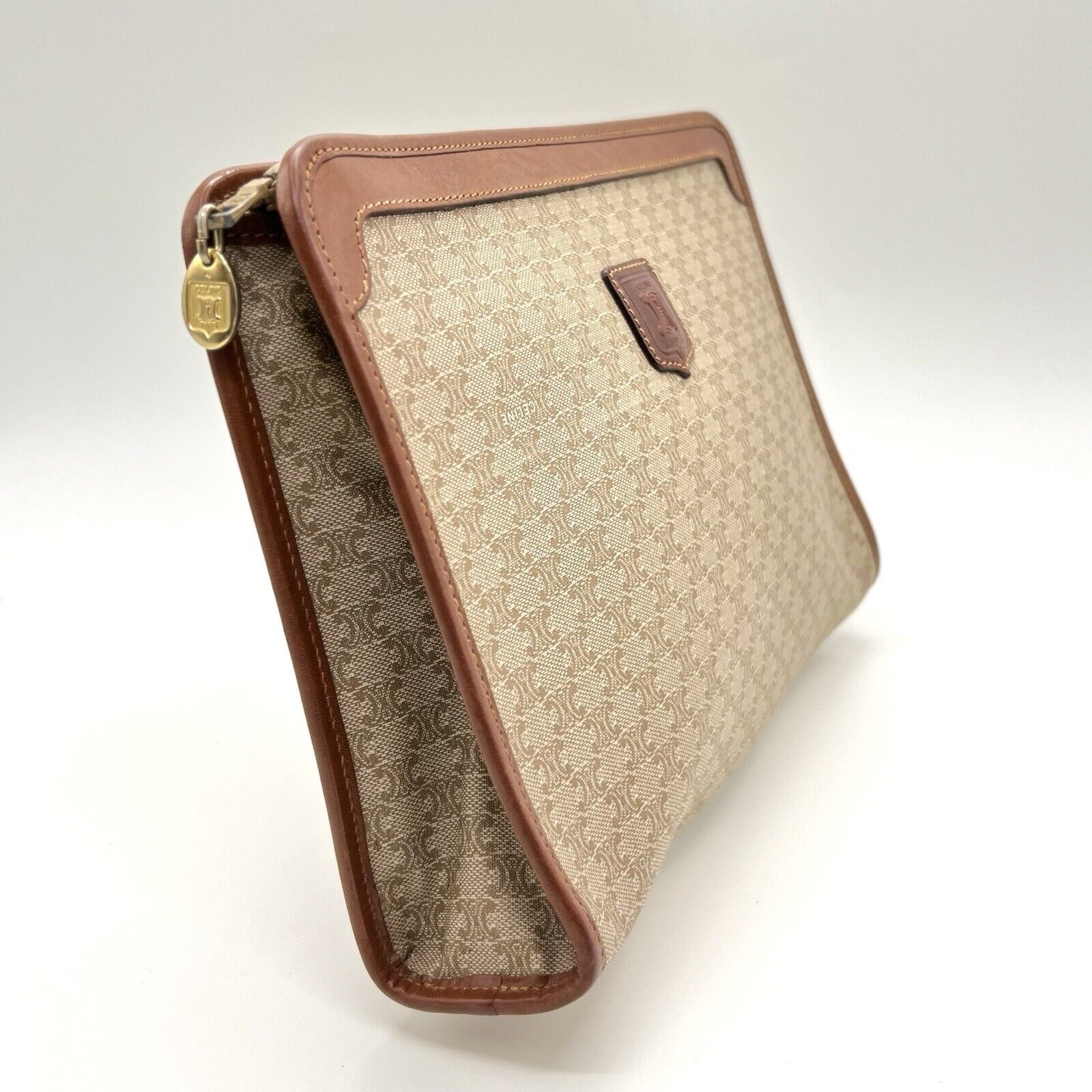 CELINE Vintage Clutch Bag Macadam Brown Purse PVC Leather