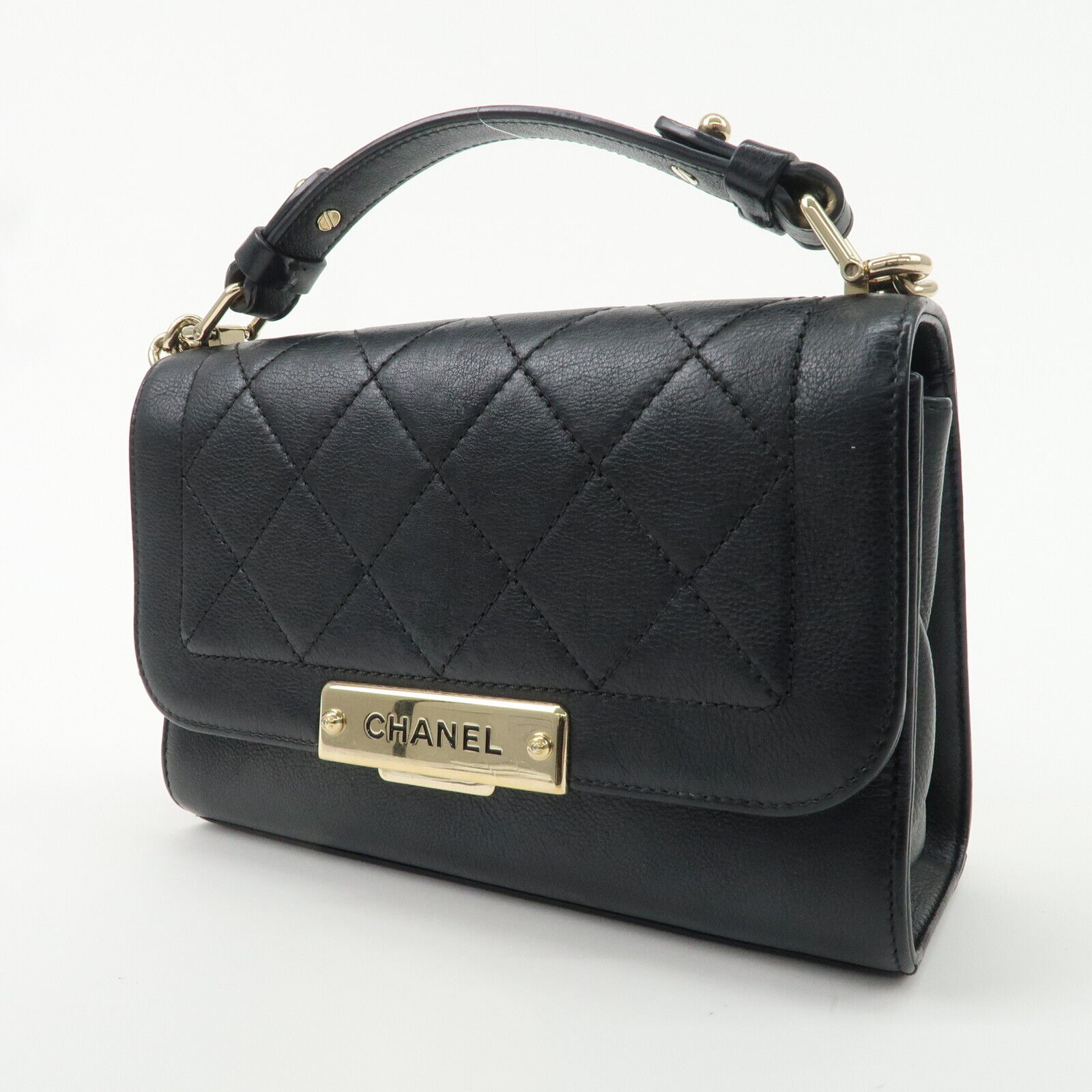 Chanel Logo Leather 2WAY Shoulder Bag Black & Gold Hardware