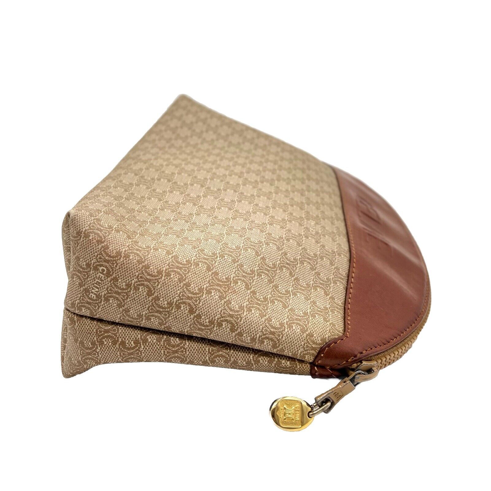 Celine Clutch Hand Bag Pouch Macadam PVC Leather Beige Brown