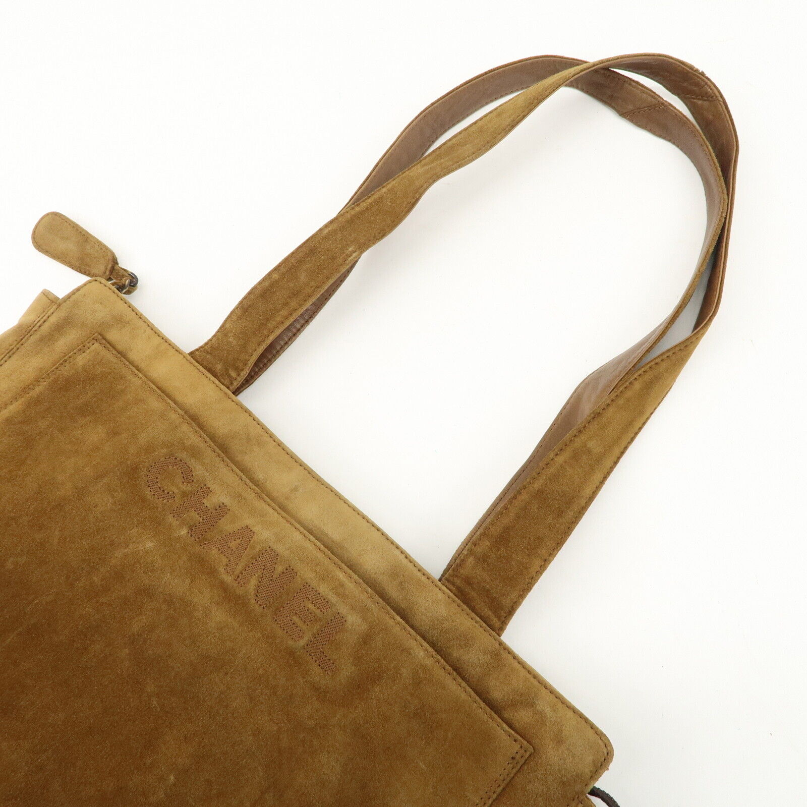 Chanel Logo Suede Tote Shoulder Bag - Brown