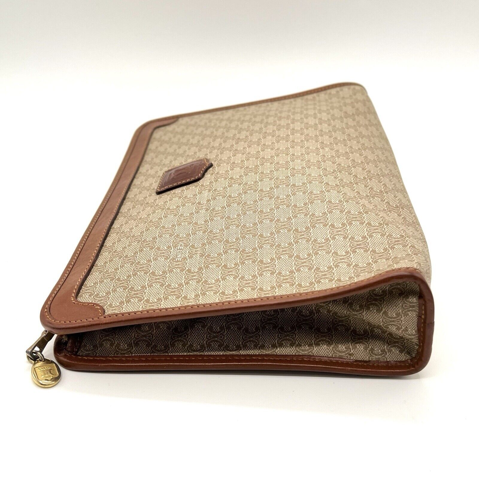 CELINE Vintage Clutch Bag Macadam Brown Purse PVC Leather