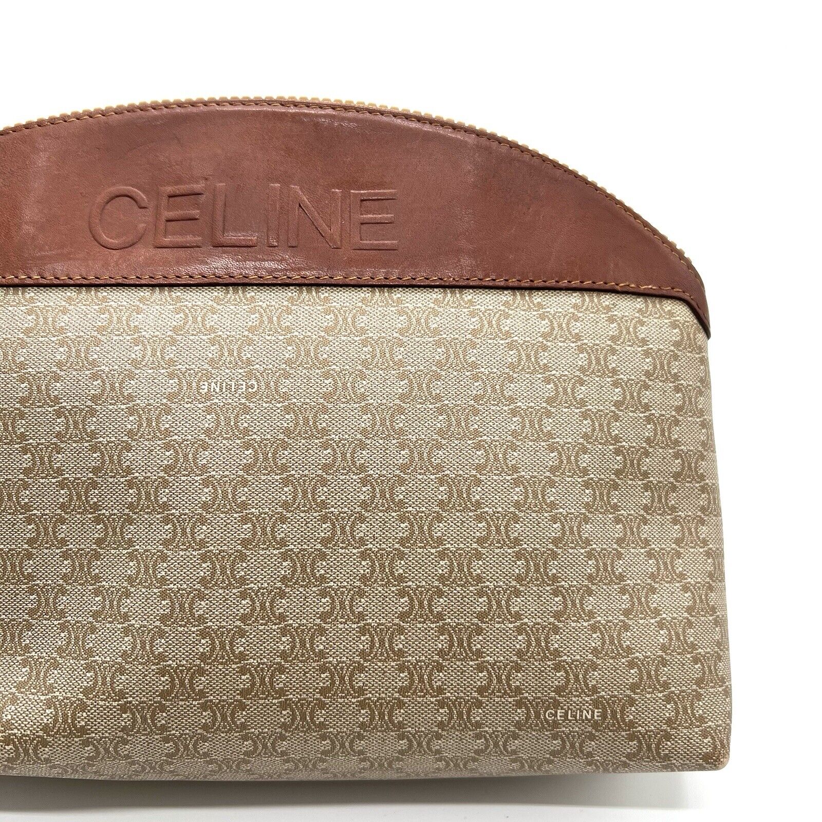 Celine Clutch Hand Bag Pouch Macadam PVC Leather Beige Brown