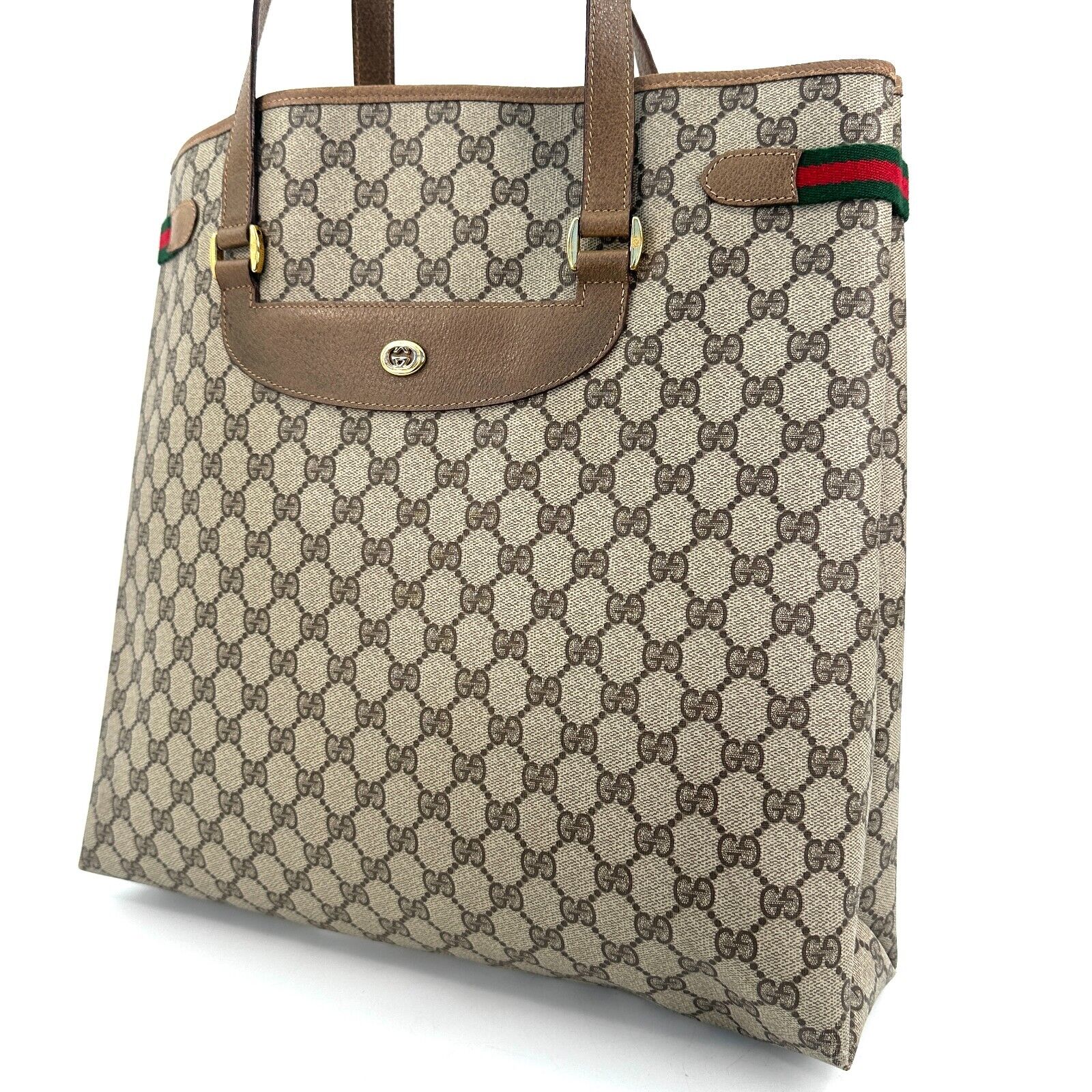 Gucci Sherry Line Shoulder Tote Bag GG PVC Leather Brown