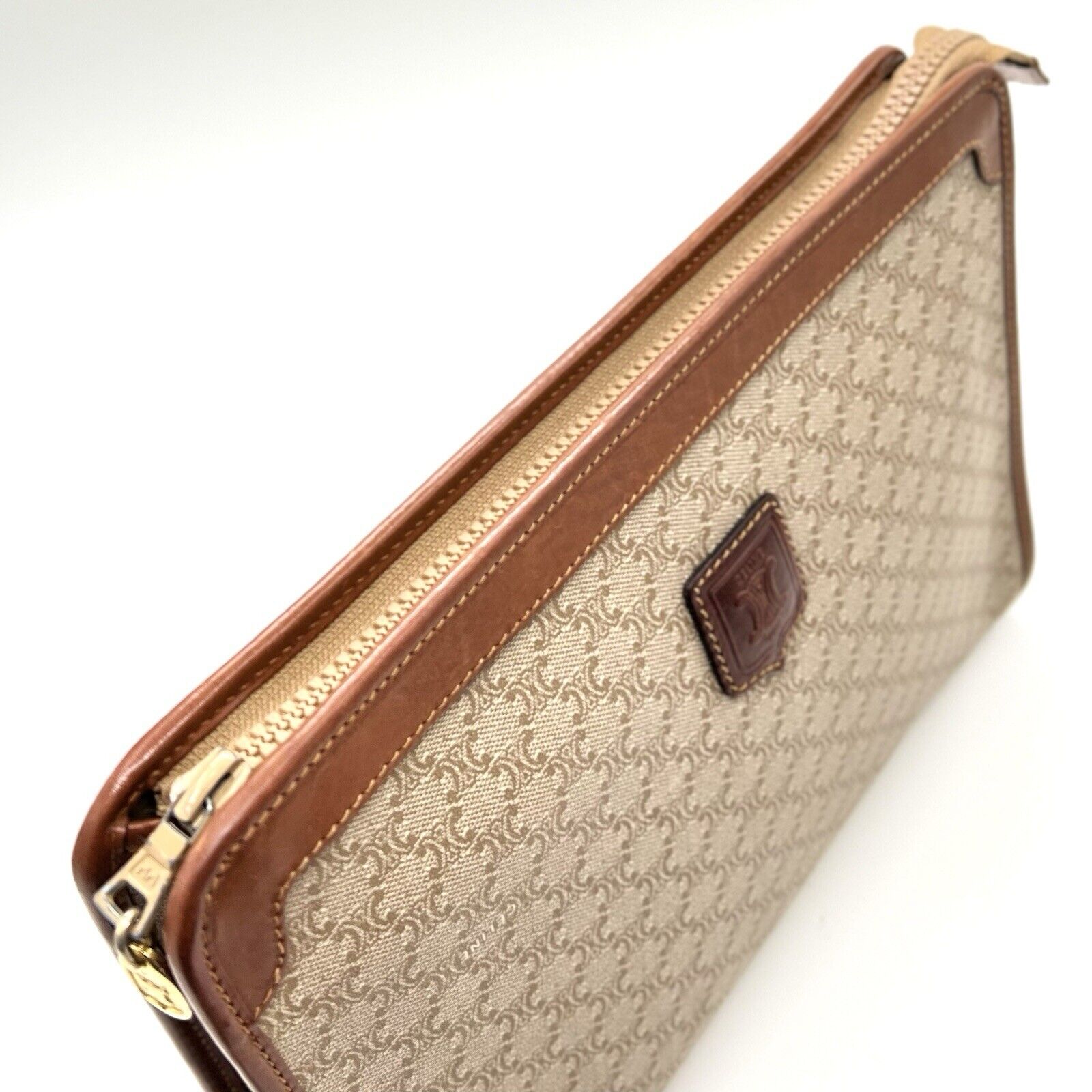 CELINE Vintage Clutch Bag Macadam Brown Purse PVC Leather