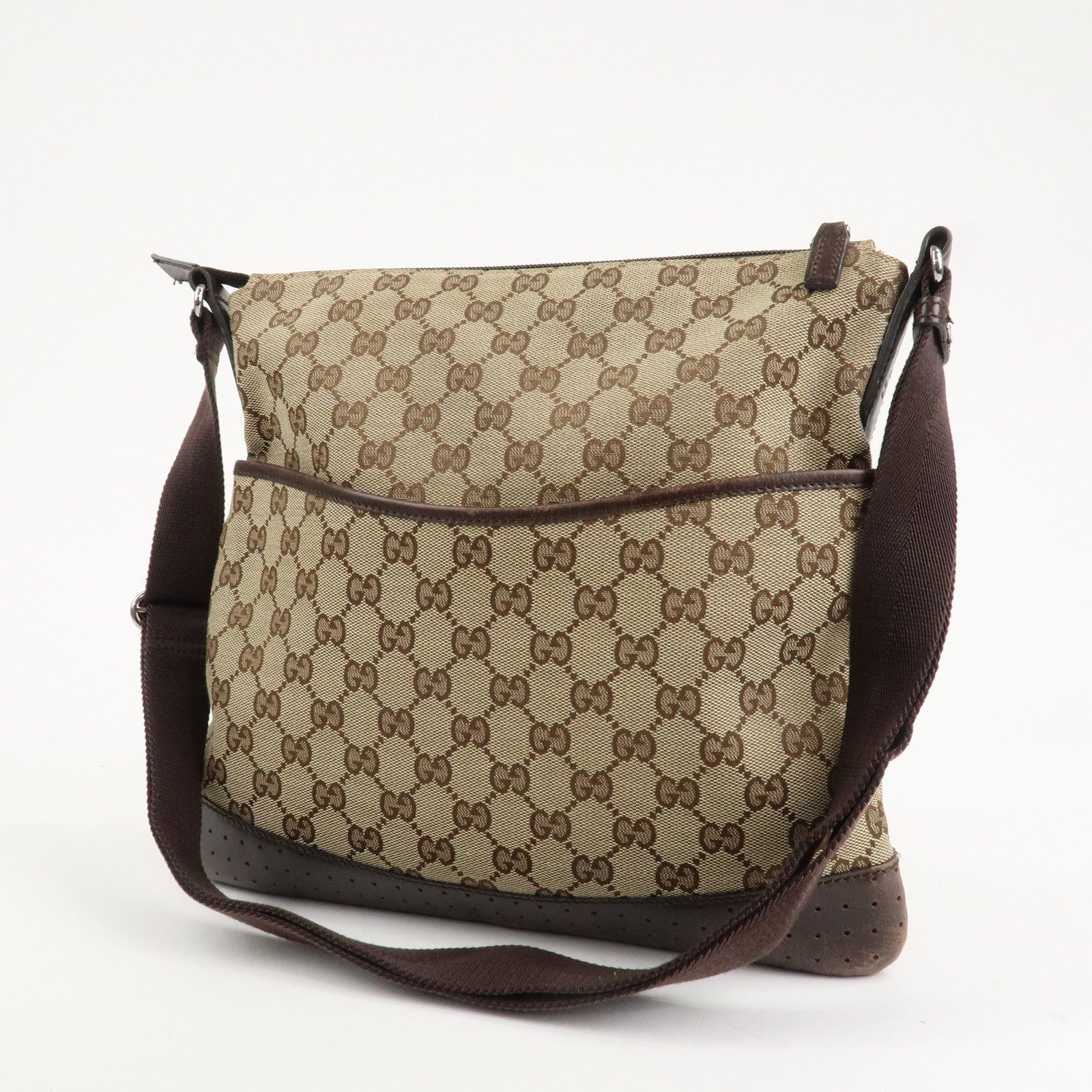 Gucci GG Canvas Leather Shoulder Bag Crossbody Brown
