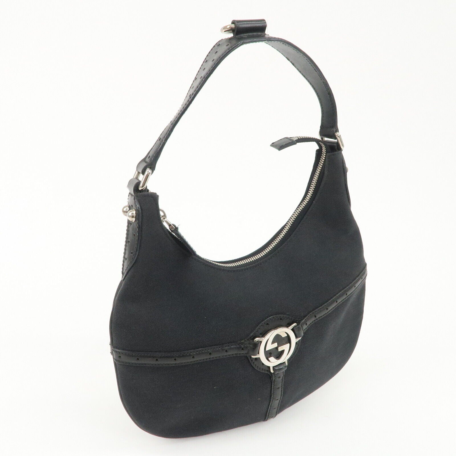 Gucci Interlocking G Canvas Leather One Shoulder Black Bag