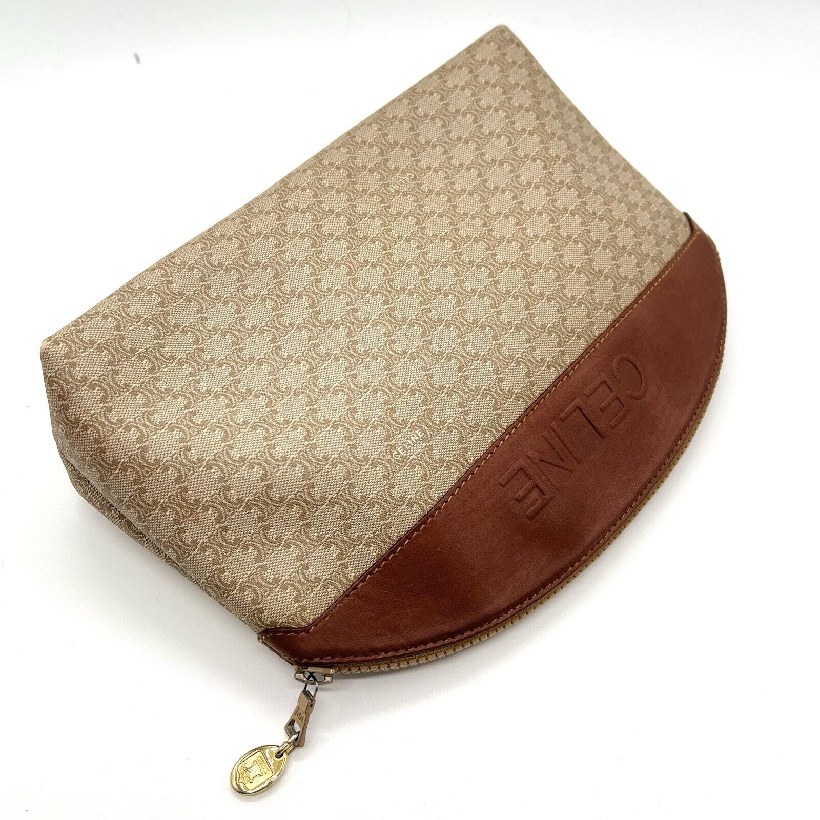 Celine Clutch Hand Bag Pouch Macadam PVC Leather Beige Brown