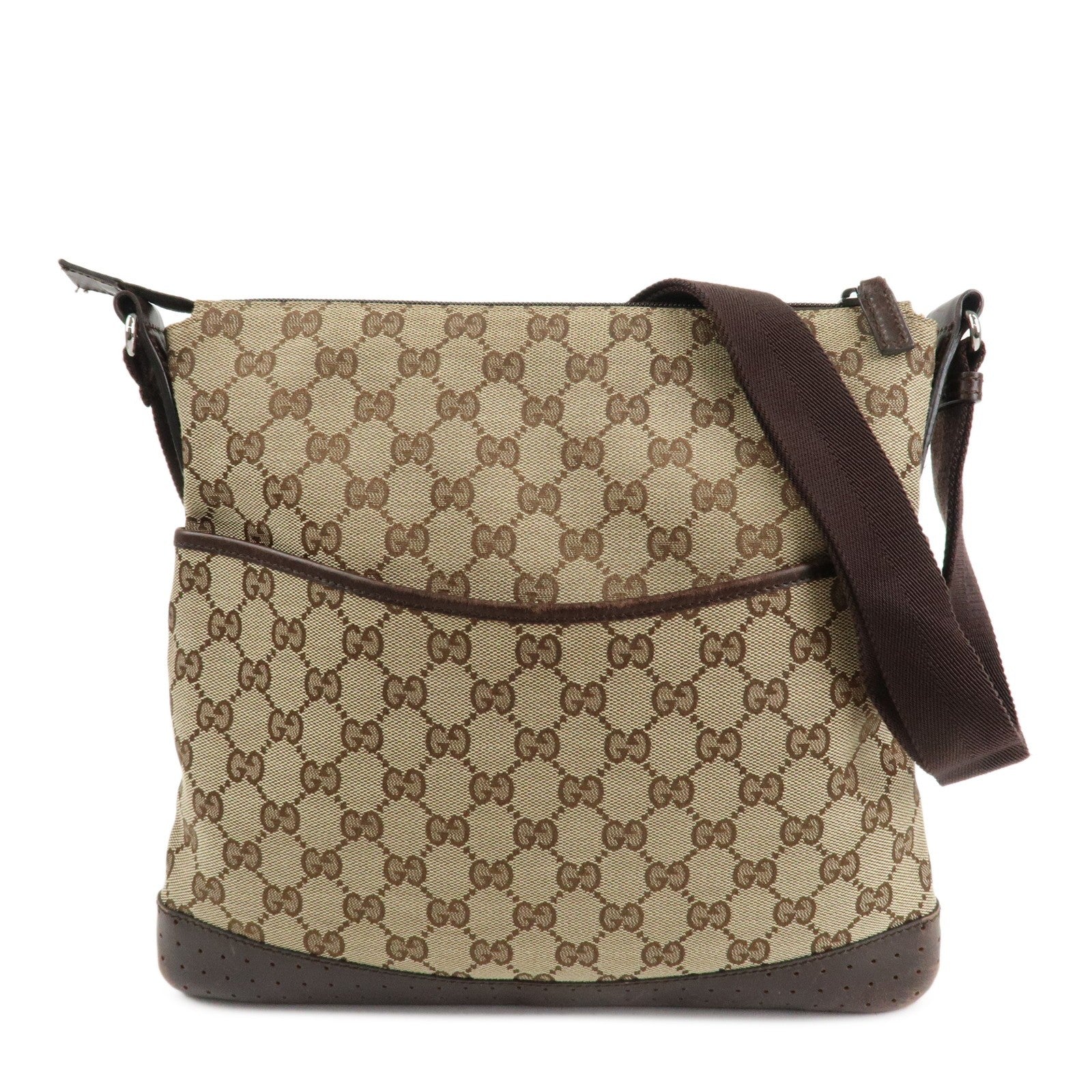 Gucci GG Canvas Leather Shoulder Bag Crossbody Brown