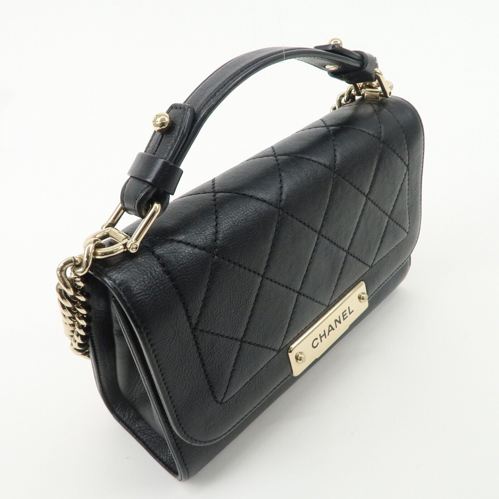 Chanel Logo Leather 2WAY Shoulder Bag Black & Gold Hardware